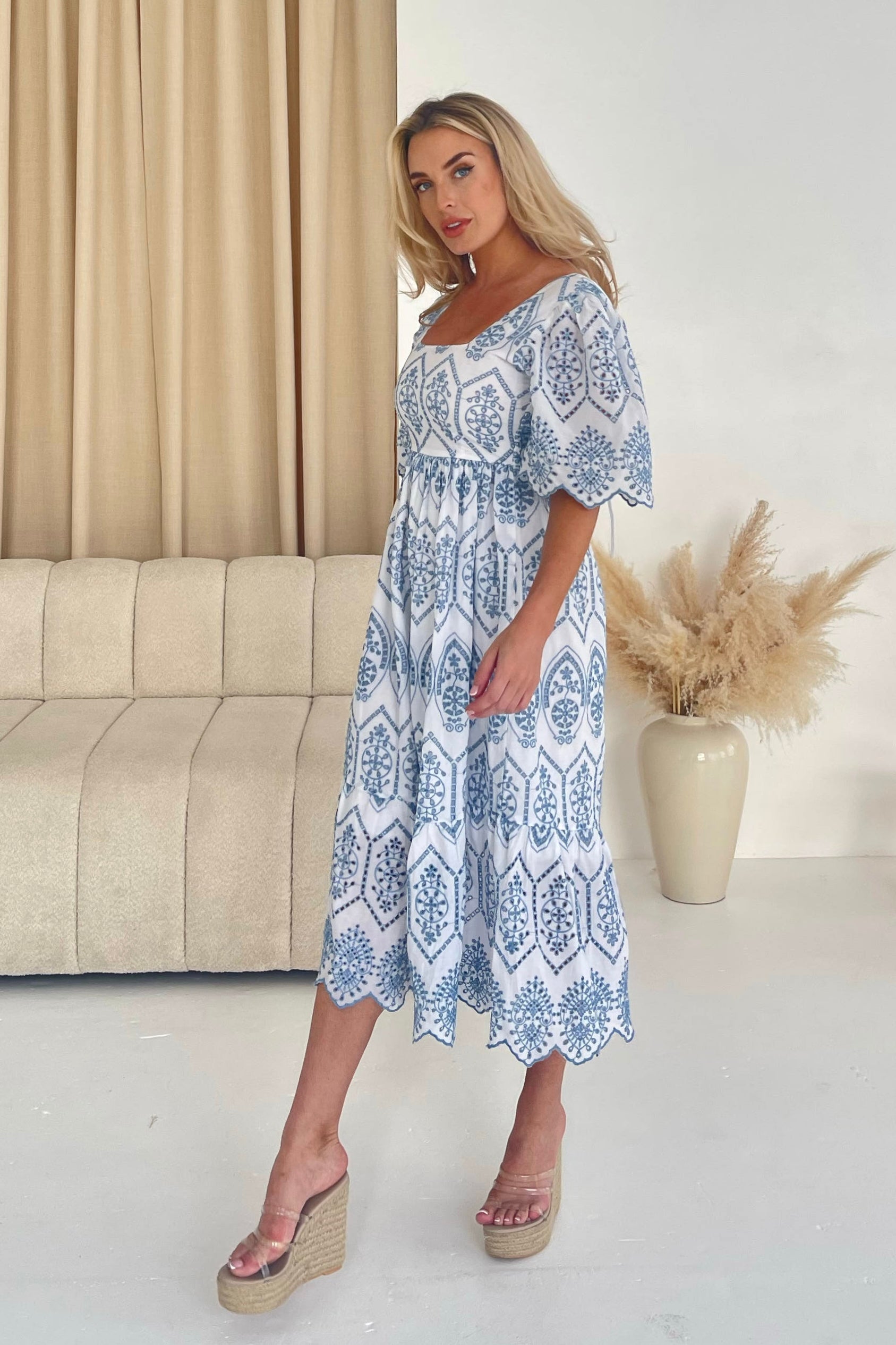 Aspen Two Tone Broidery Tiered Midaxi Dress Blue