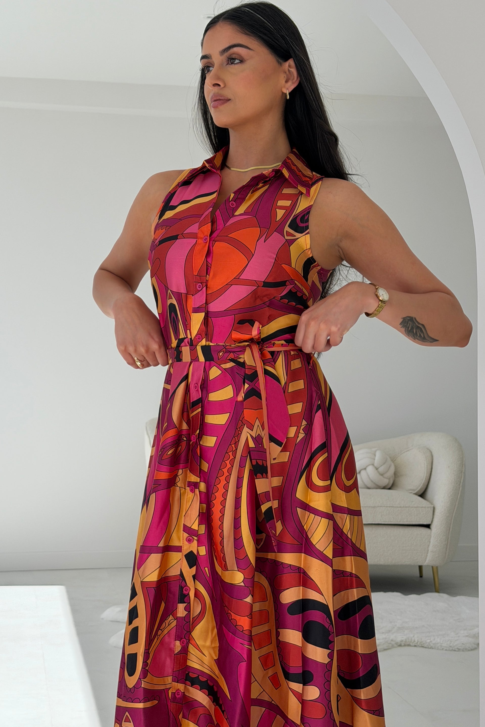Rhia Sleeveless Boarder Print Shirt Maxi Dress