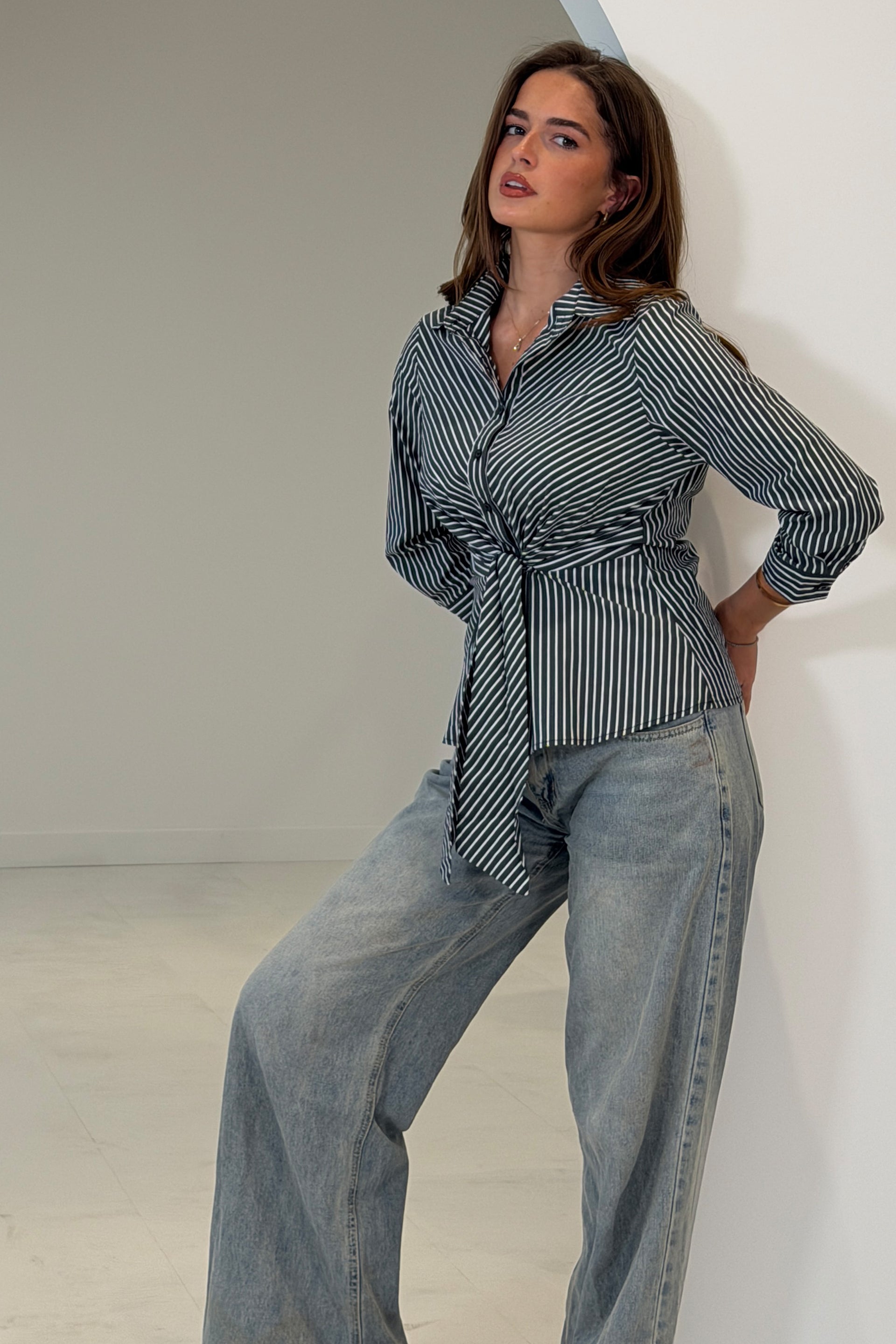 Philippa Tie Front Collar Shirt Black Stripe
