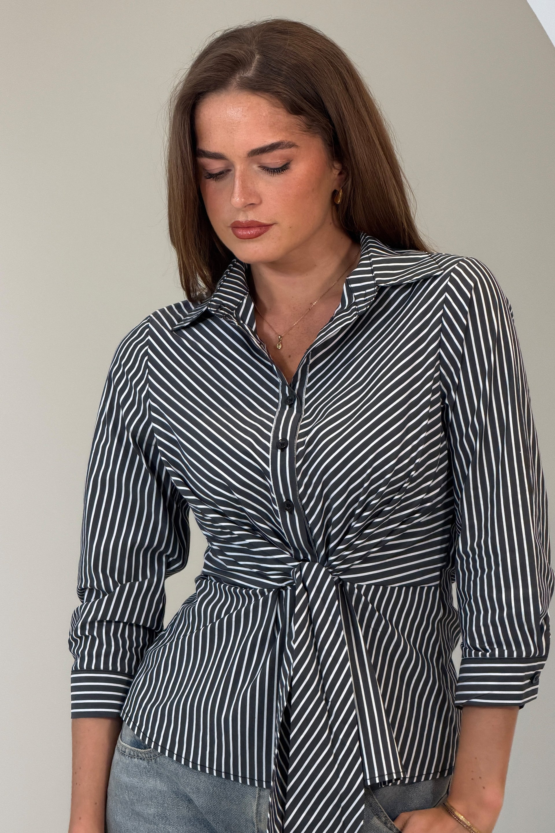 Philippa Tie Front Collar Shirt Black Stripe