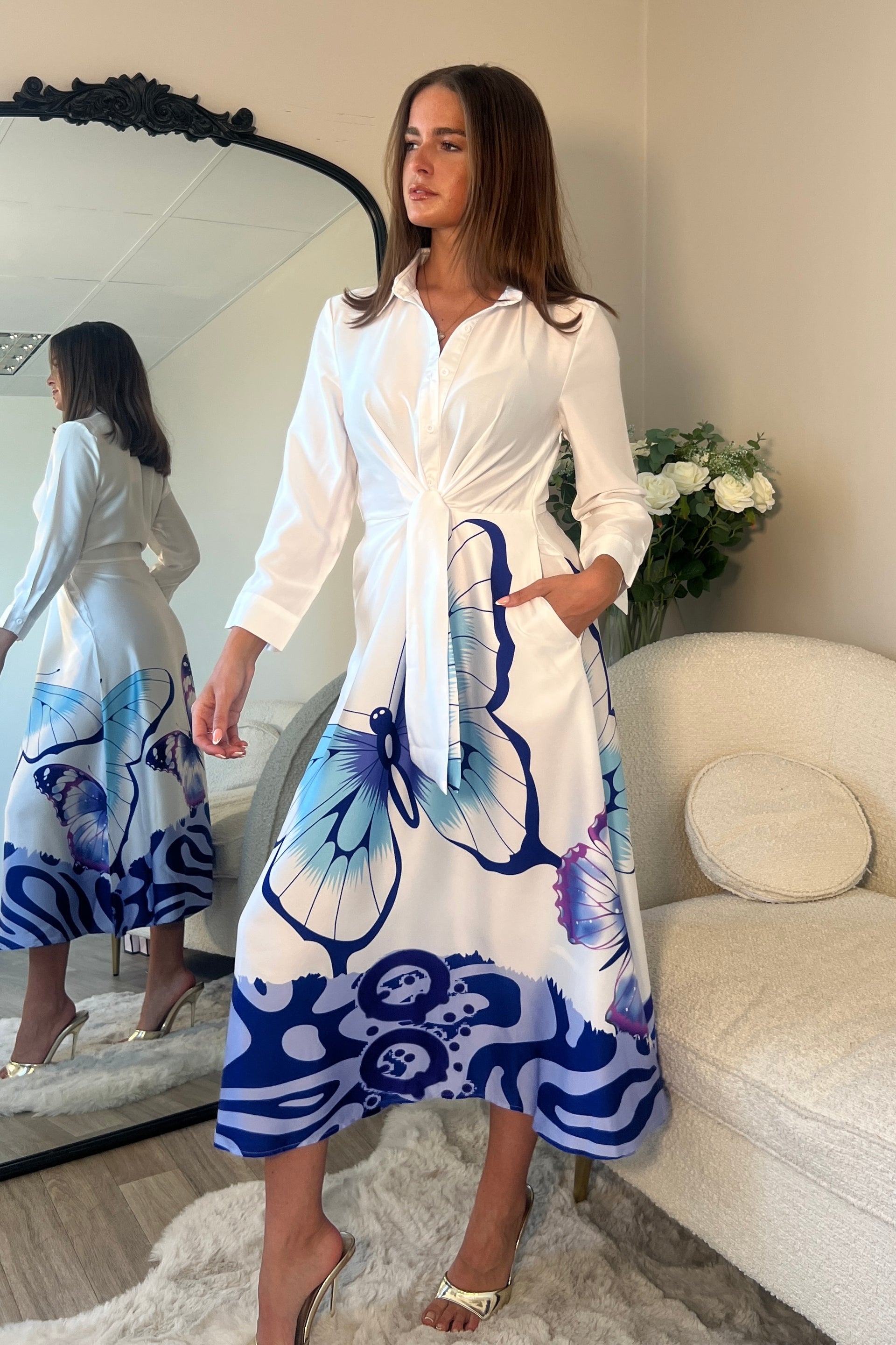 blue front tie dress Tie Wrap Shirt Dress in Blue Multi – MONSE main image 0