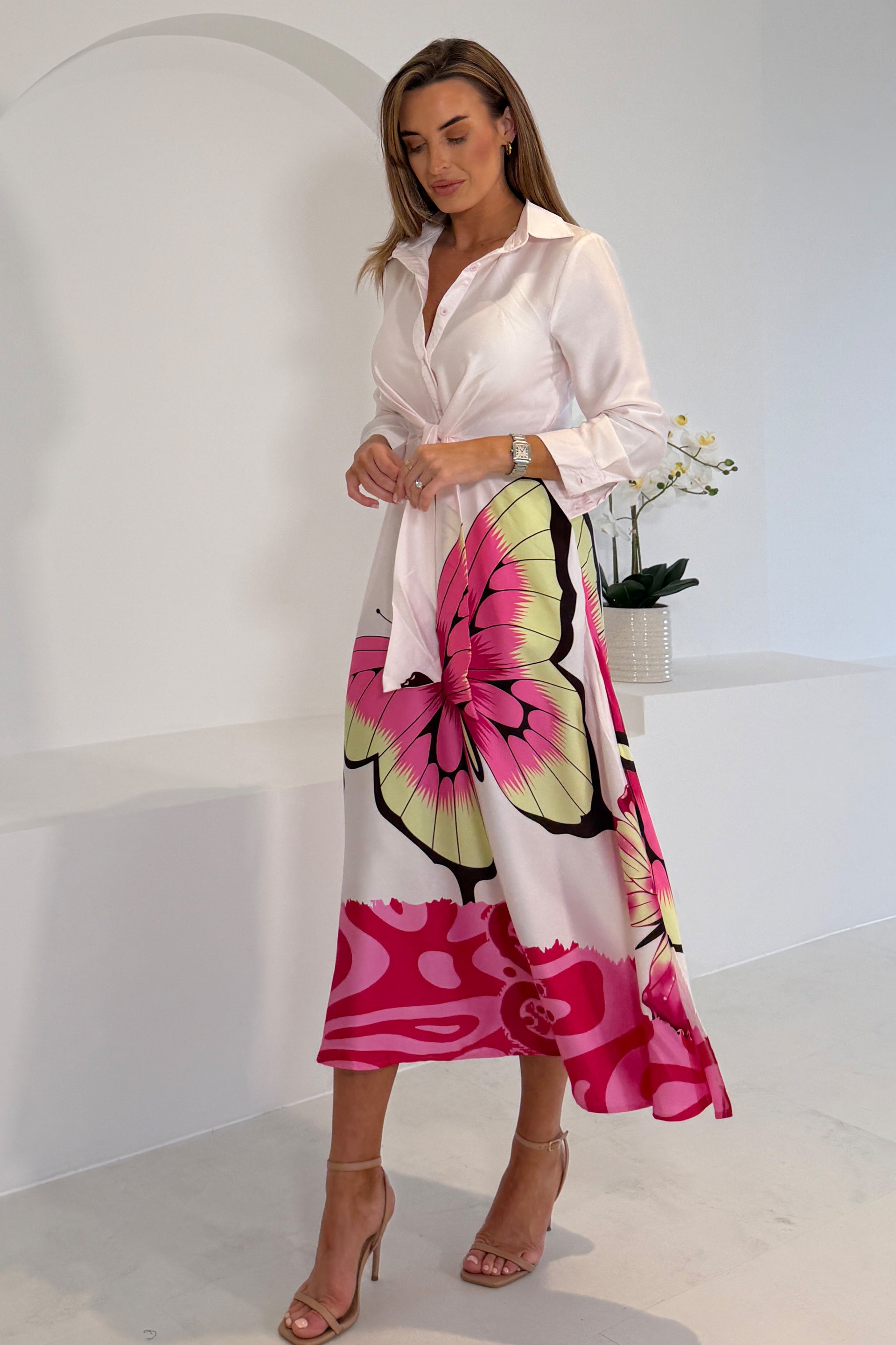 Isabella Pink Butterfly Tie Front Shirt Dress