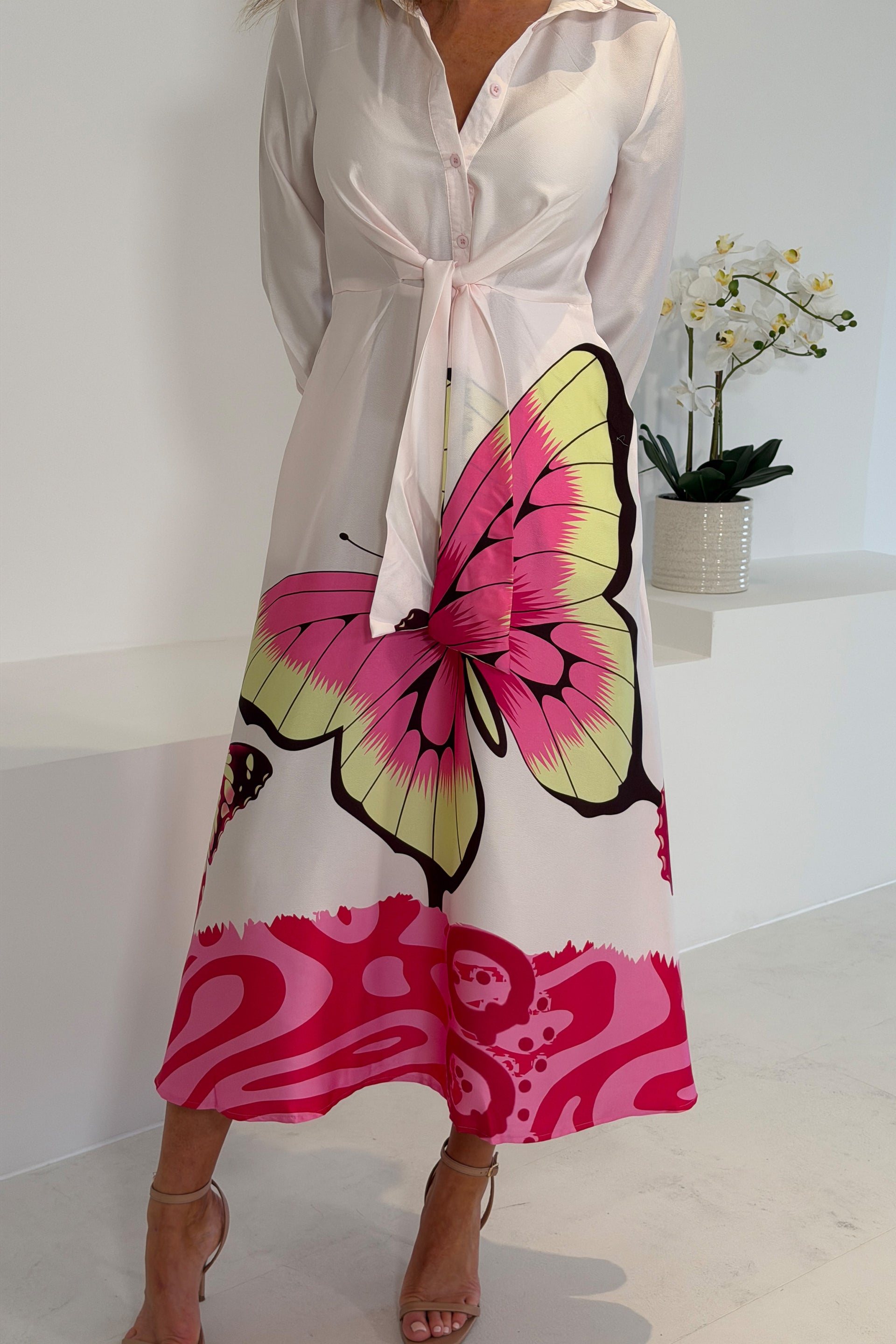 Isabella Pink Butterfly Tie Front Shirt Dress