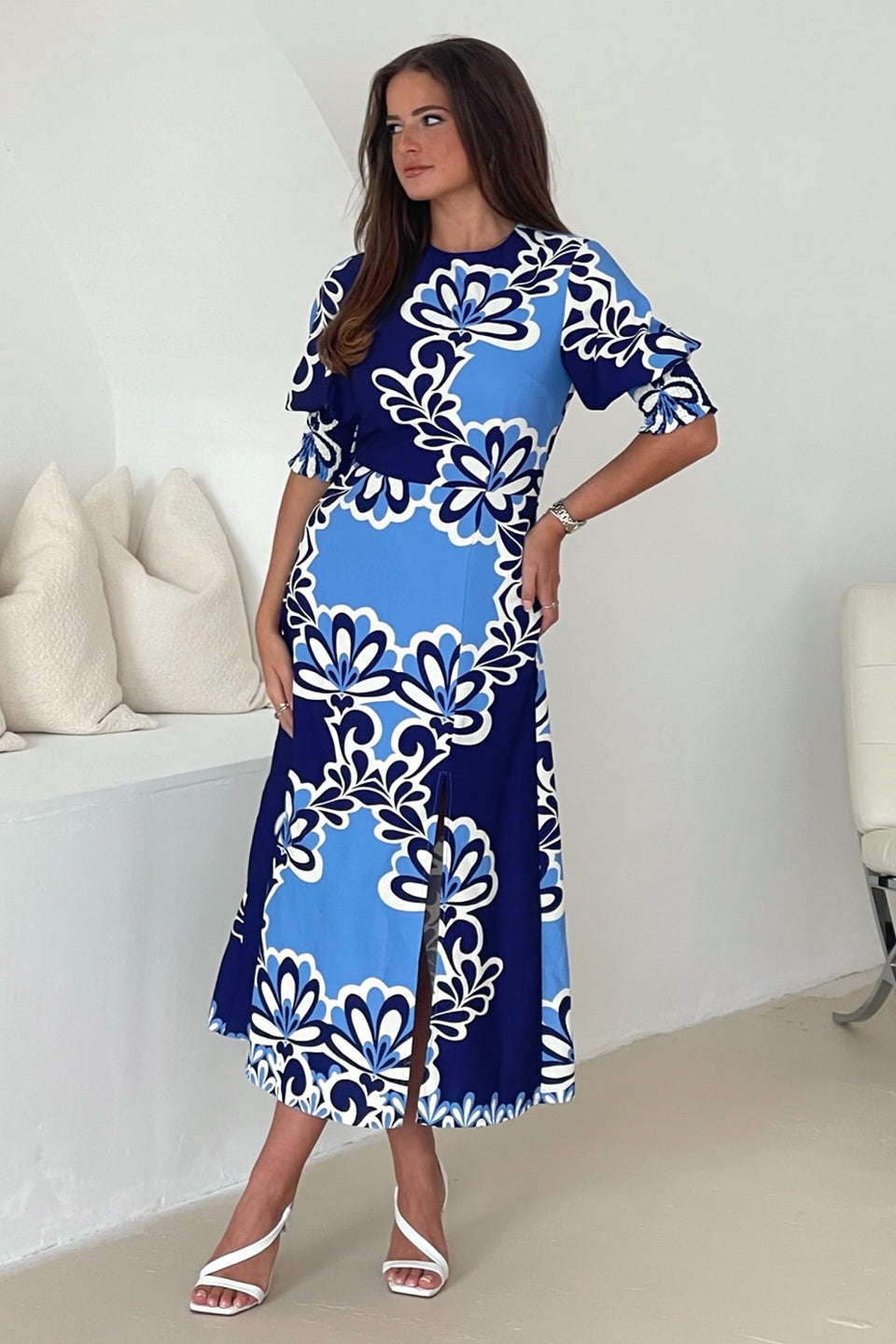 Shayla Blue Print Shirred Cuff Midi Dress