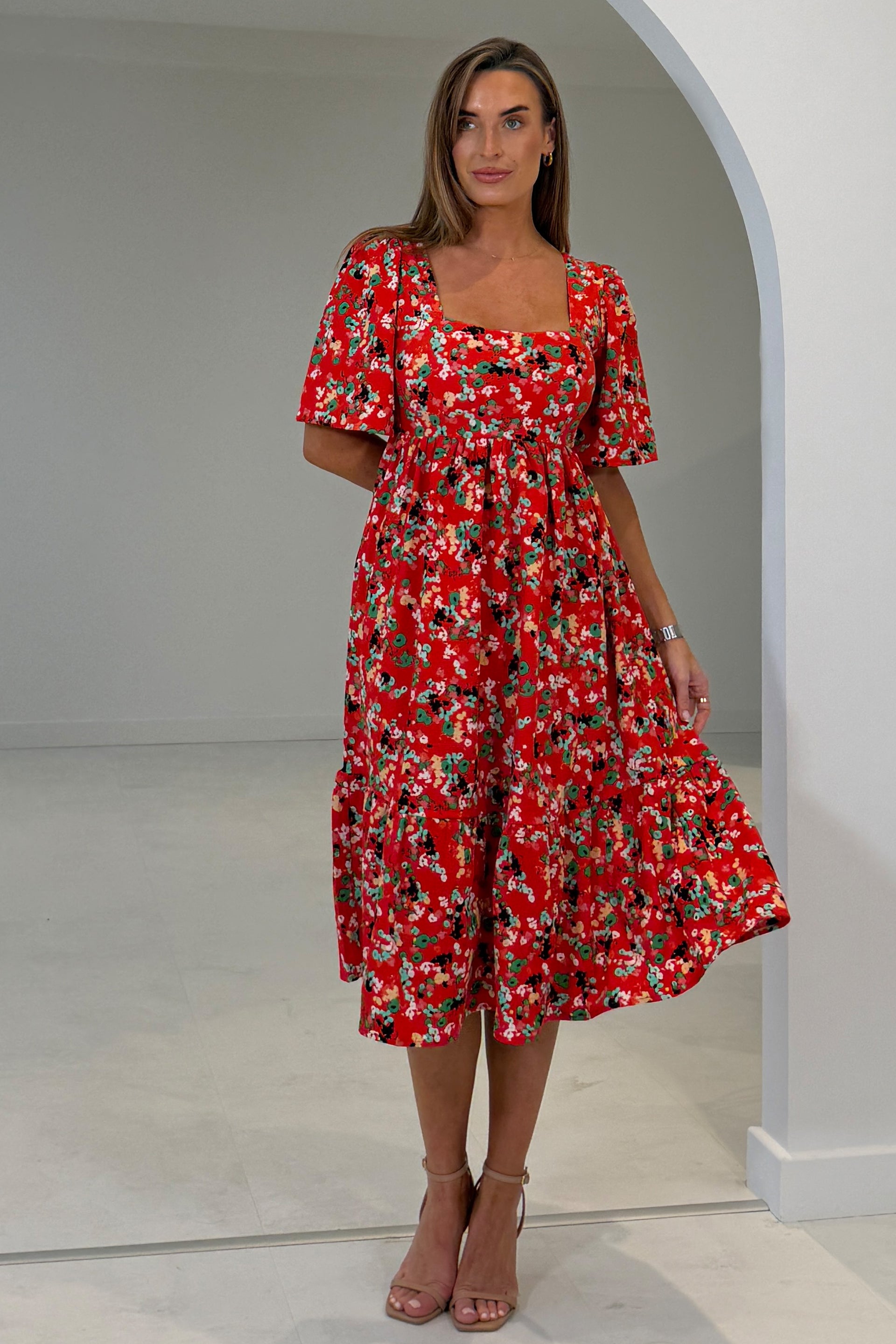 Aspen Square Neck Tiered Midaxi Dress Red