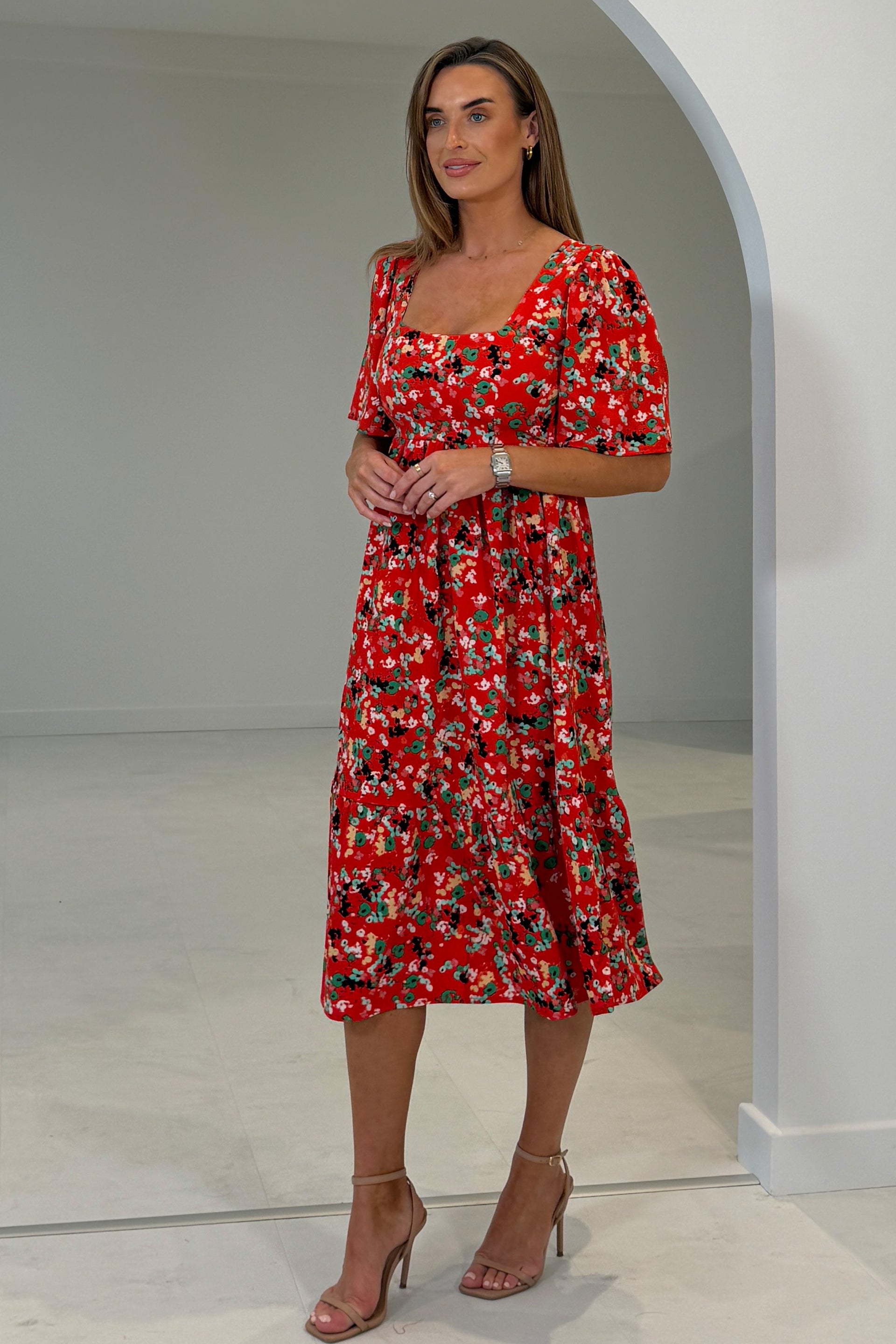 Aspen Square Neck Tiered Midaxi Dress Red