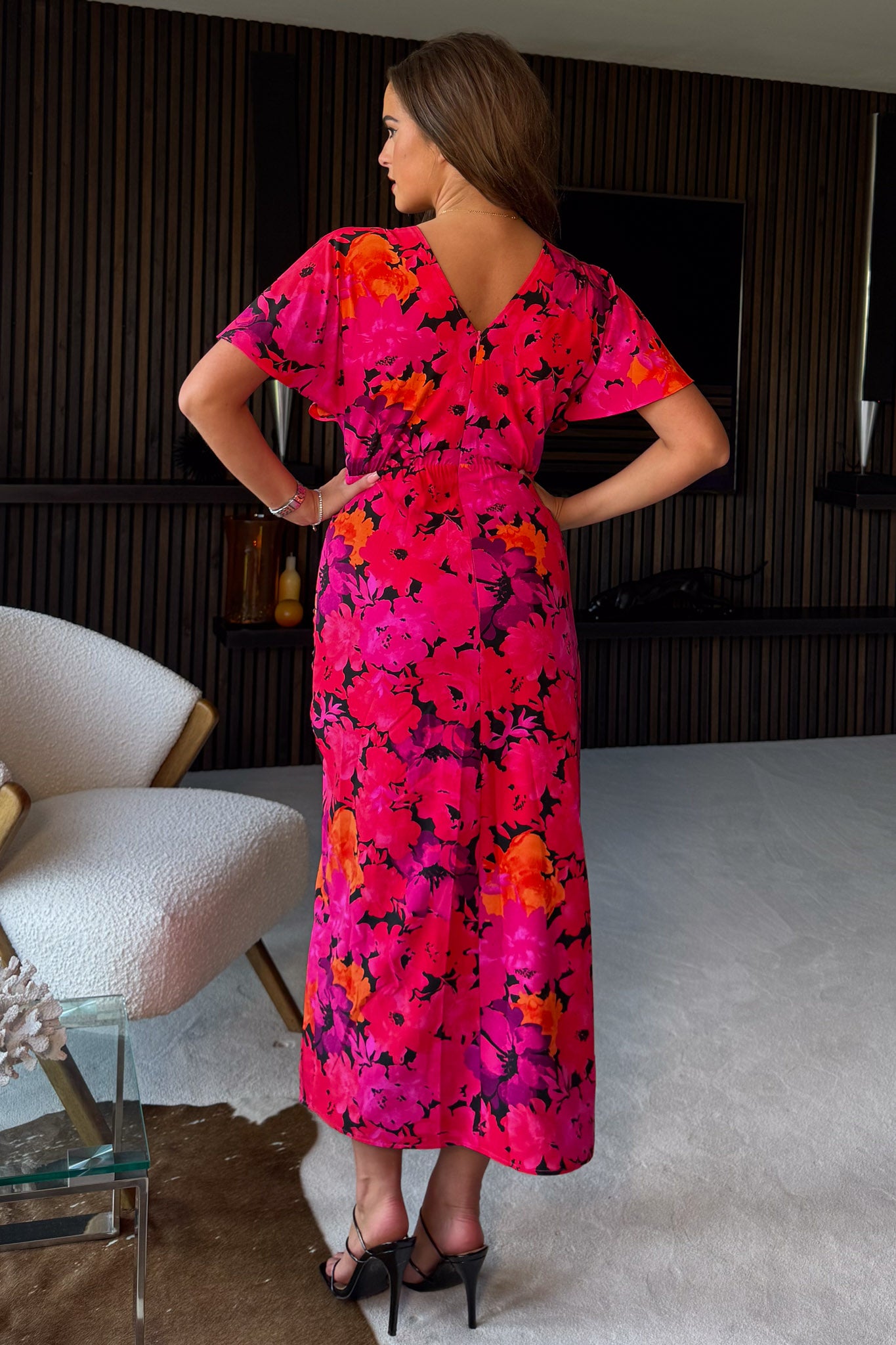 Priscilla Wrap Over Ruched Detail Midi Dress Pink Floral – Girl In Mind