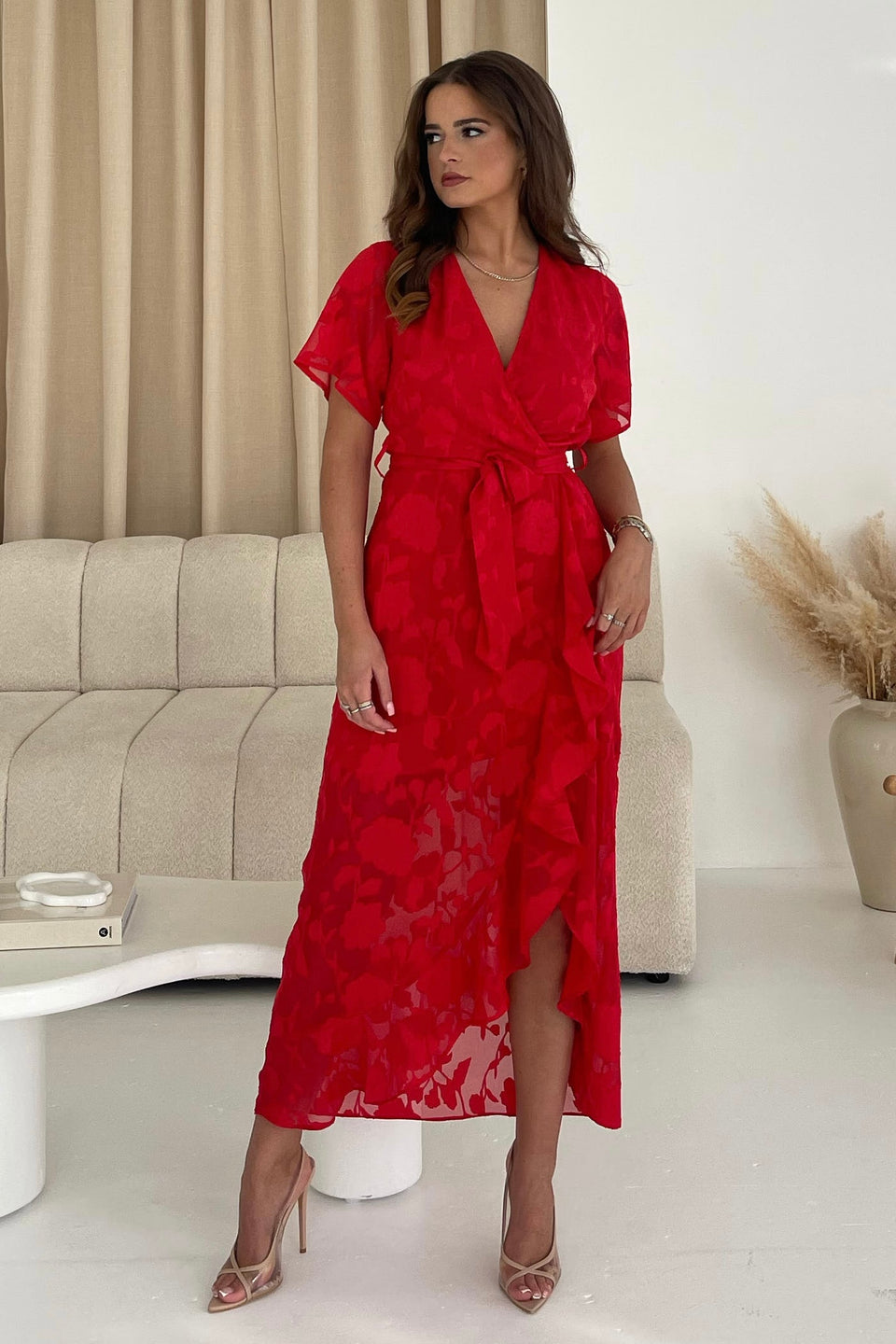 Farren Wrap Hem Frill Detail Maxi Dress Burnout Red