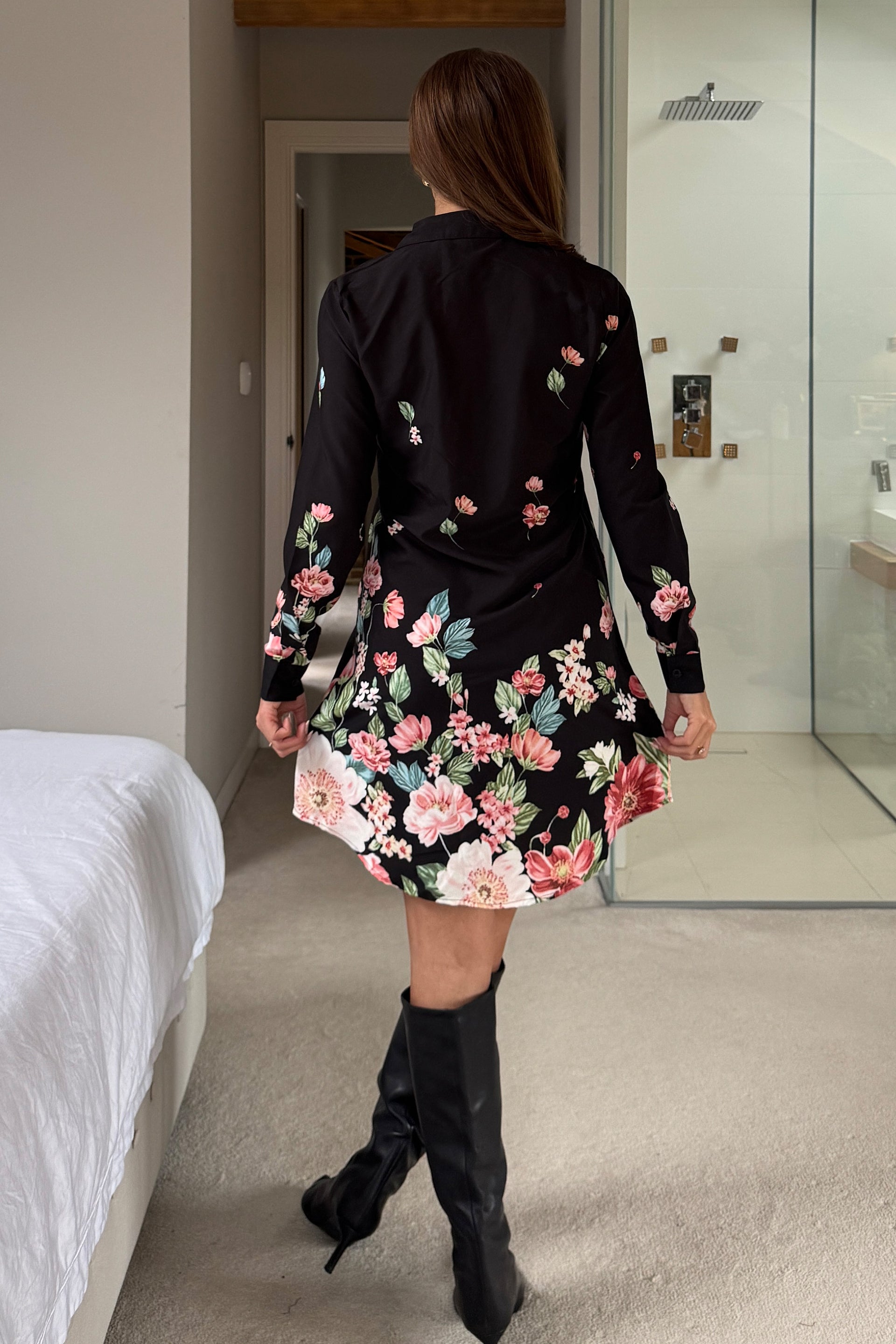 Alana Floral Boarder Print Shirt Dress Black