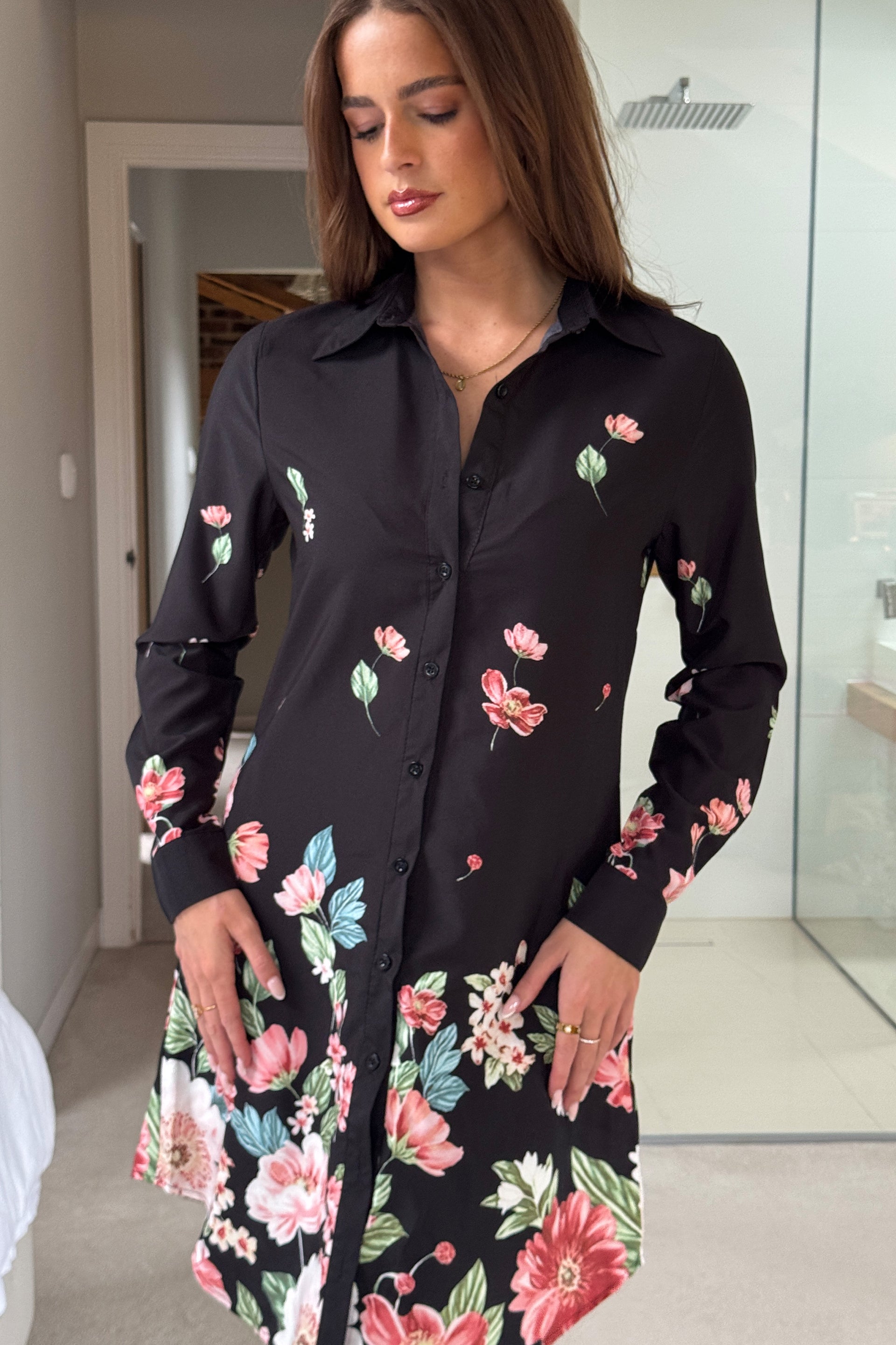 black print shirt dress Maison Tara Satin Maxi Dress