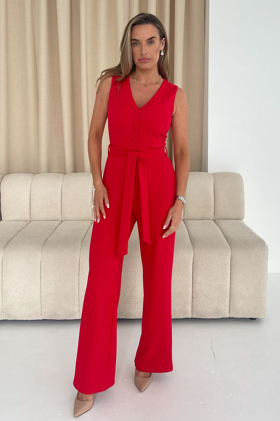 Trisha Tailored Waistcoat Jumpsuit Red