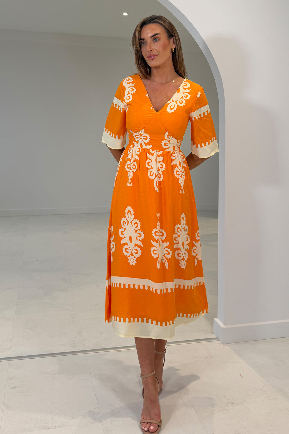 Suzanne Orange Boarder Midi Dress