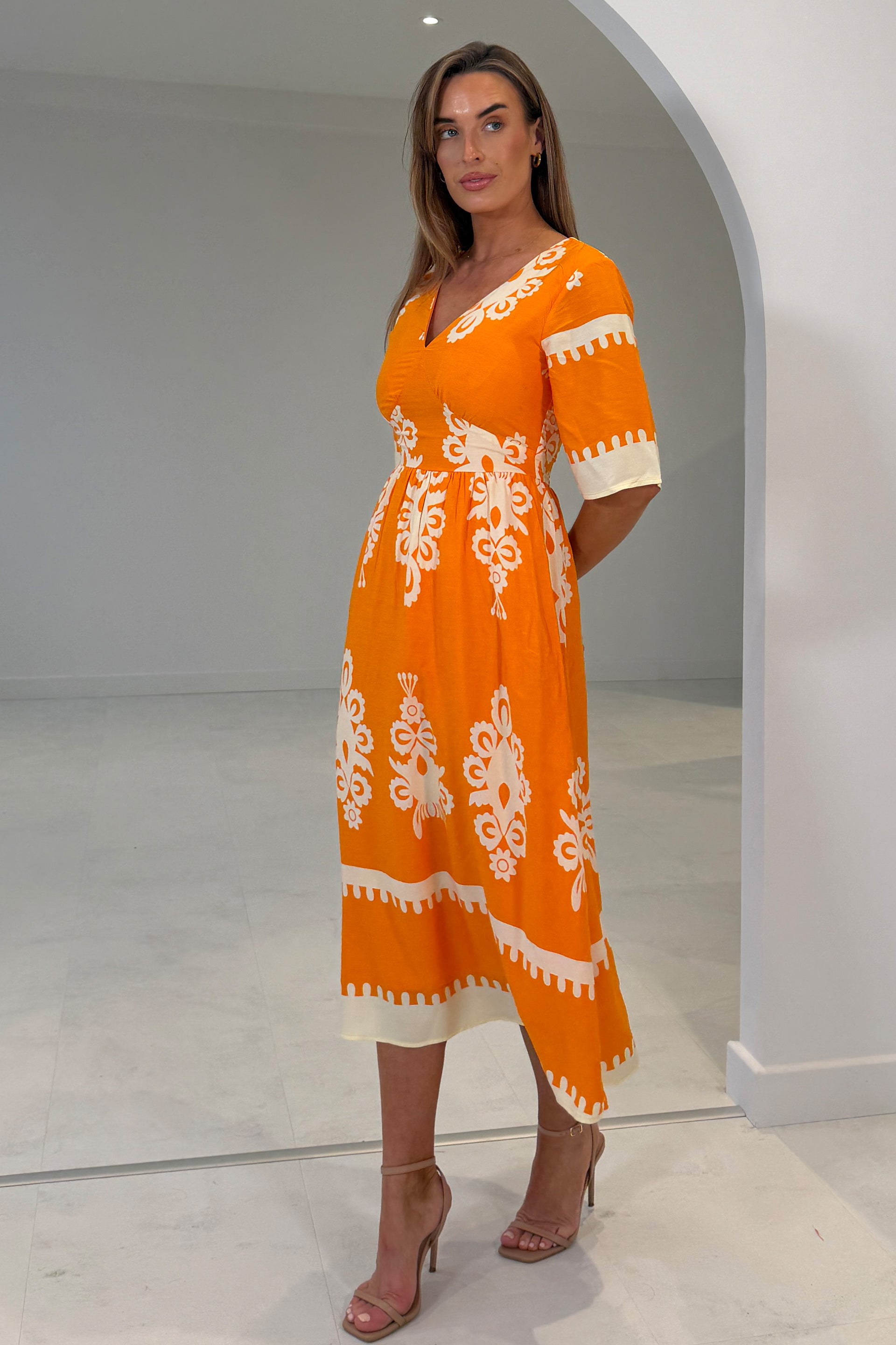 Suzanne Orange Boarder Midi Dress