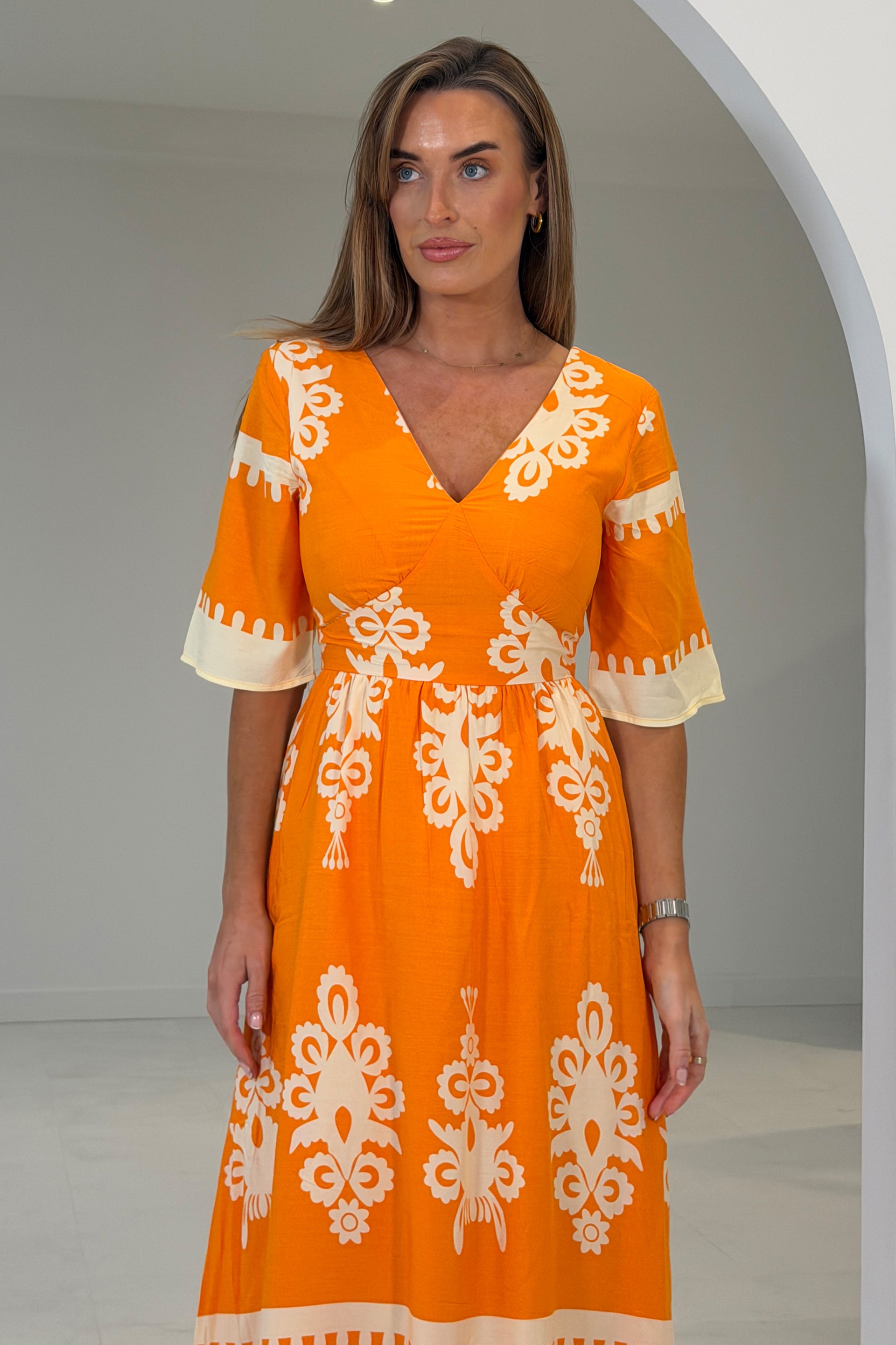 Suzanne Orange Boarder Midi Dress