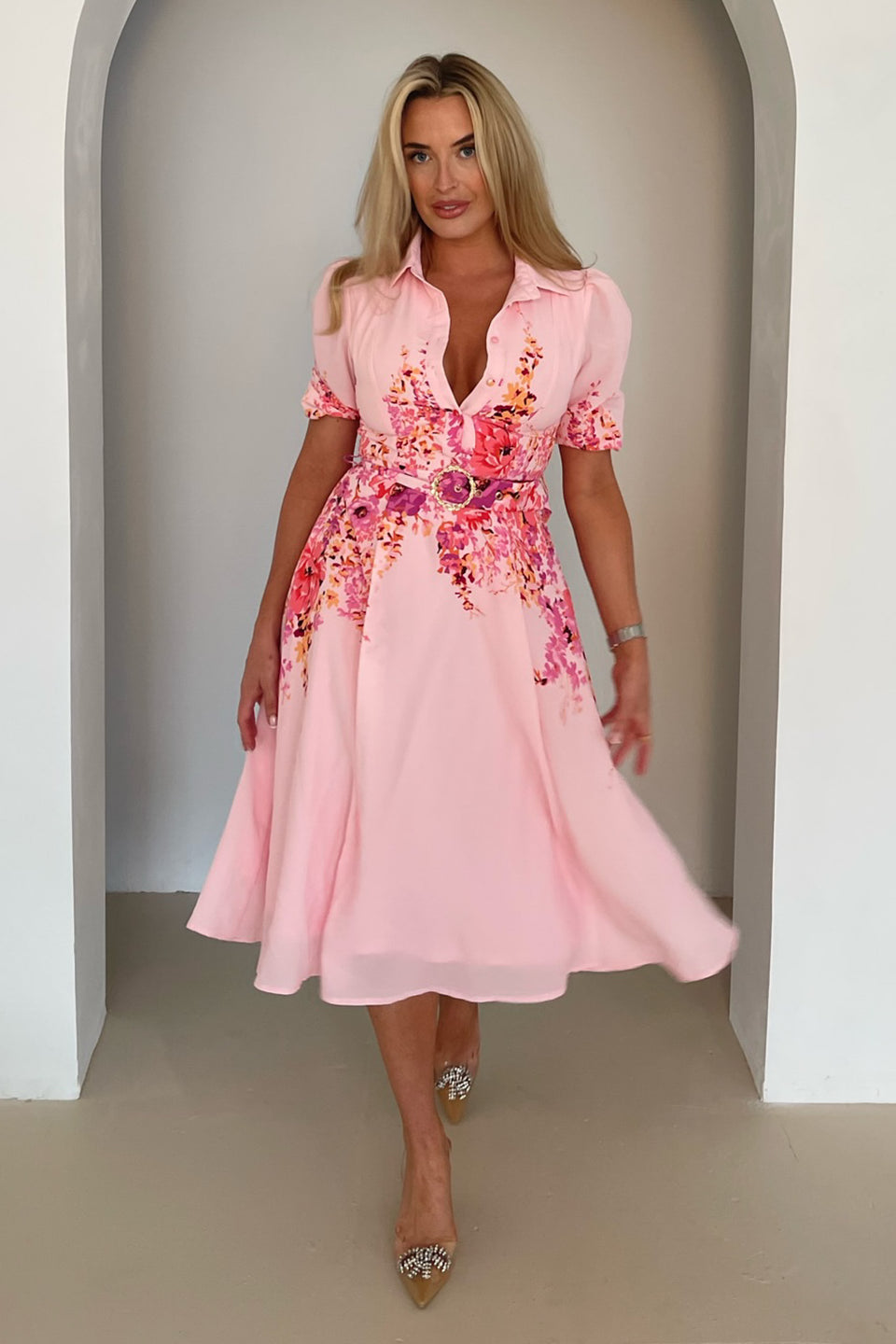 Holland Boarder Print Collar Midi Dress Pink