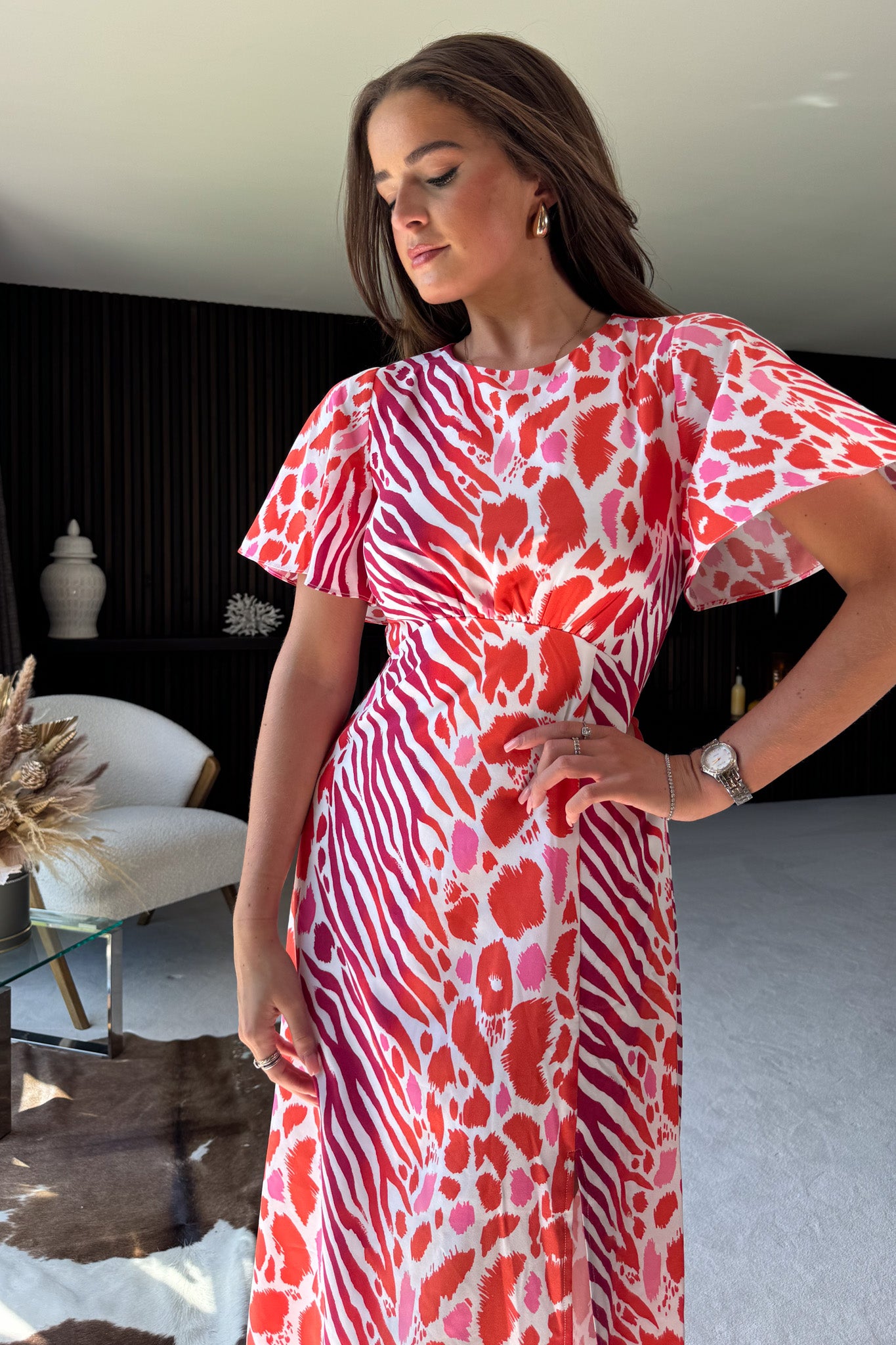 Britney Red Print Angel Sleeve Midi Dress Girl In Mind Britney Red Print Angel Sleeve Midi Dress Girl In Mind