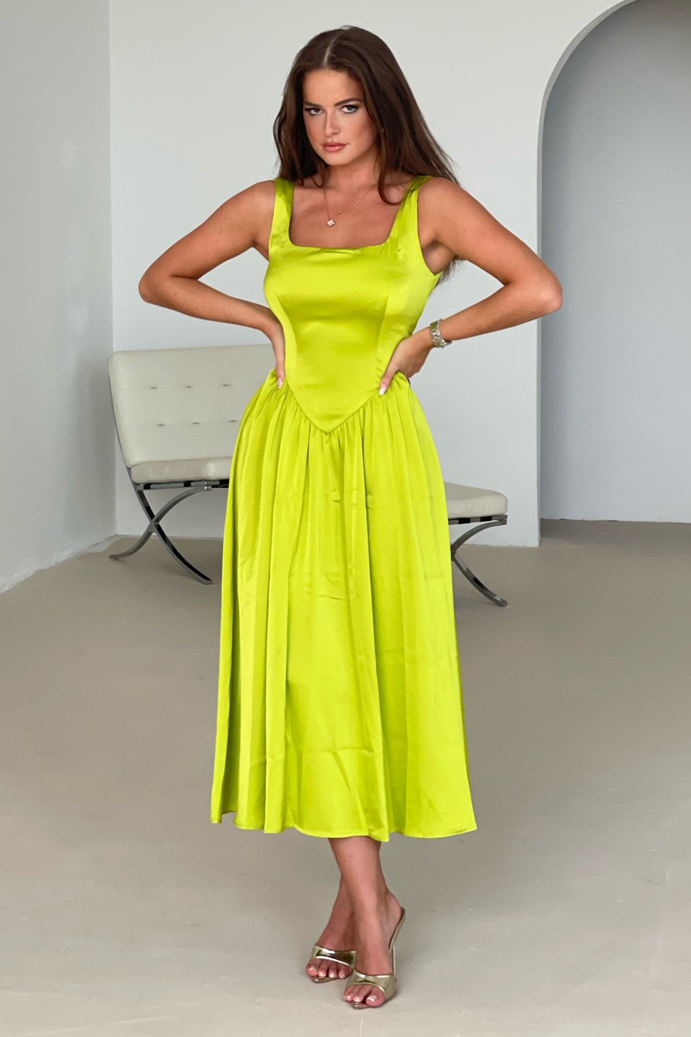 Verona Lime Satin Maxi Dress