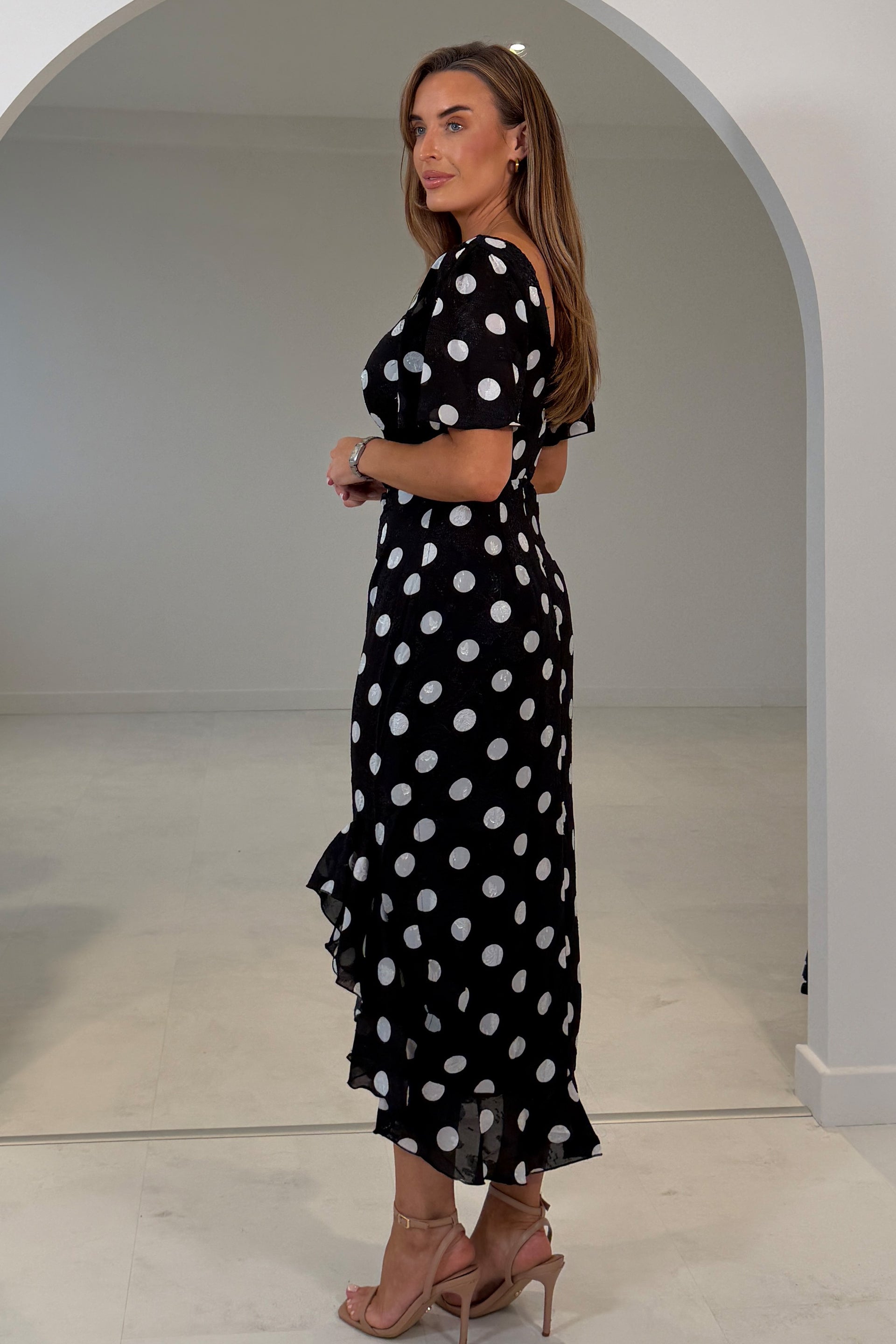 Heidi Spot Burnout Ruched Midi Dress