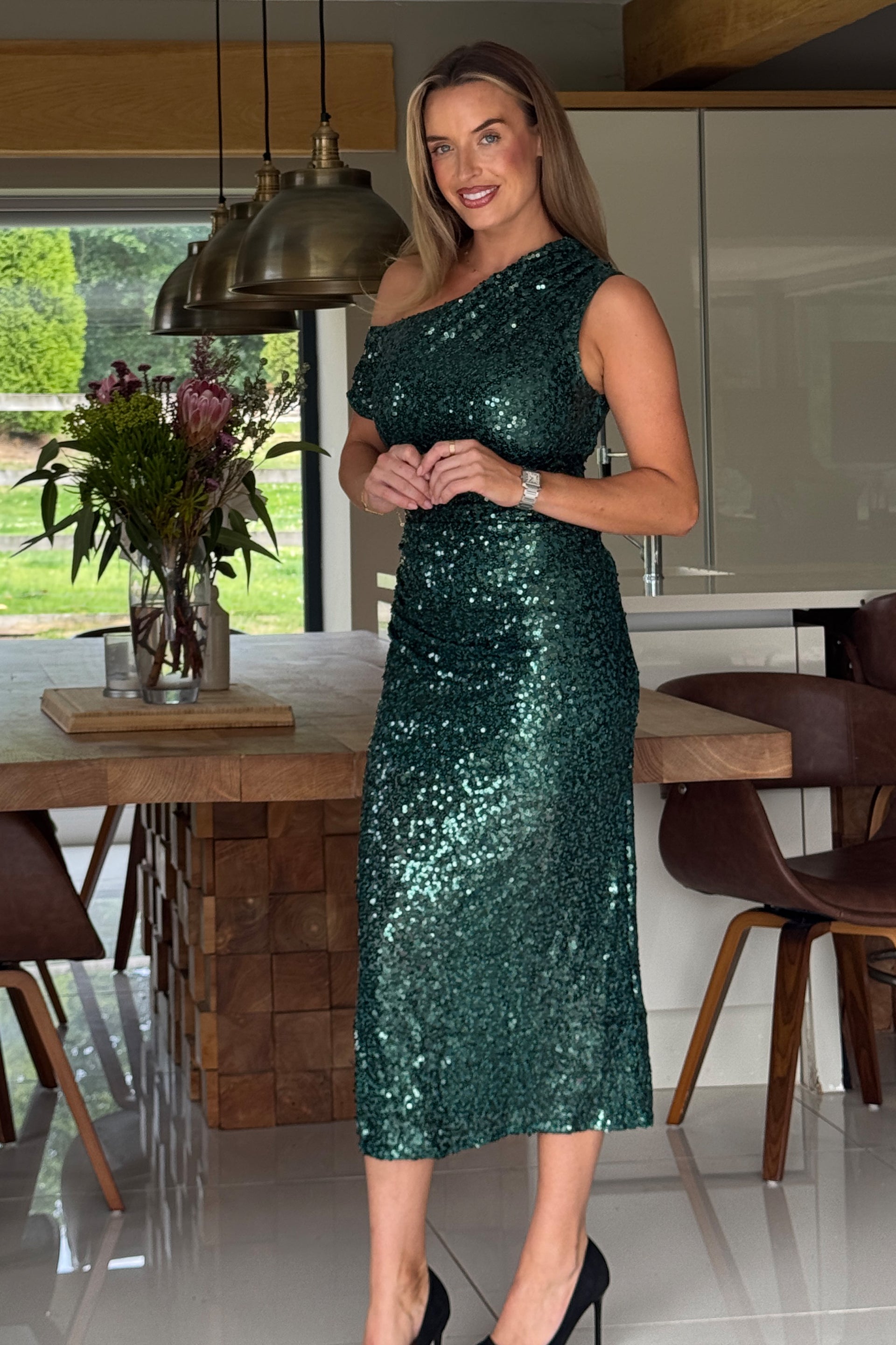 Donna Asymmetric Green Sequin Maxi Dress
