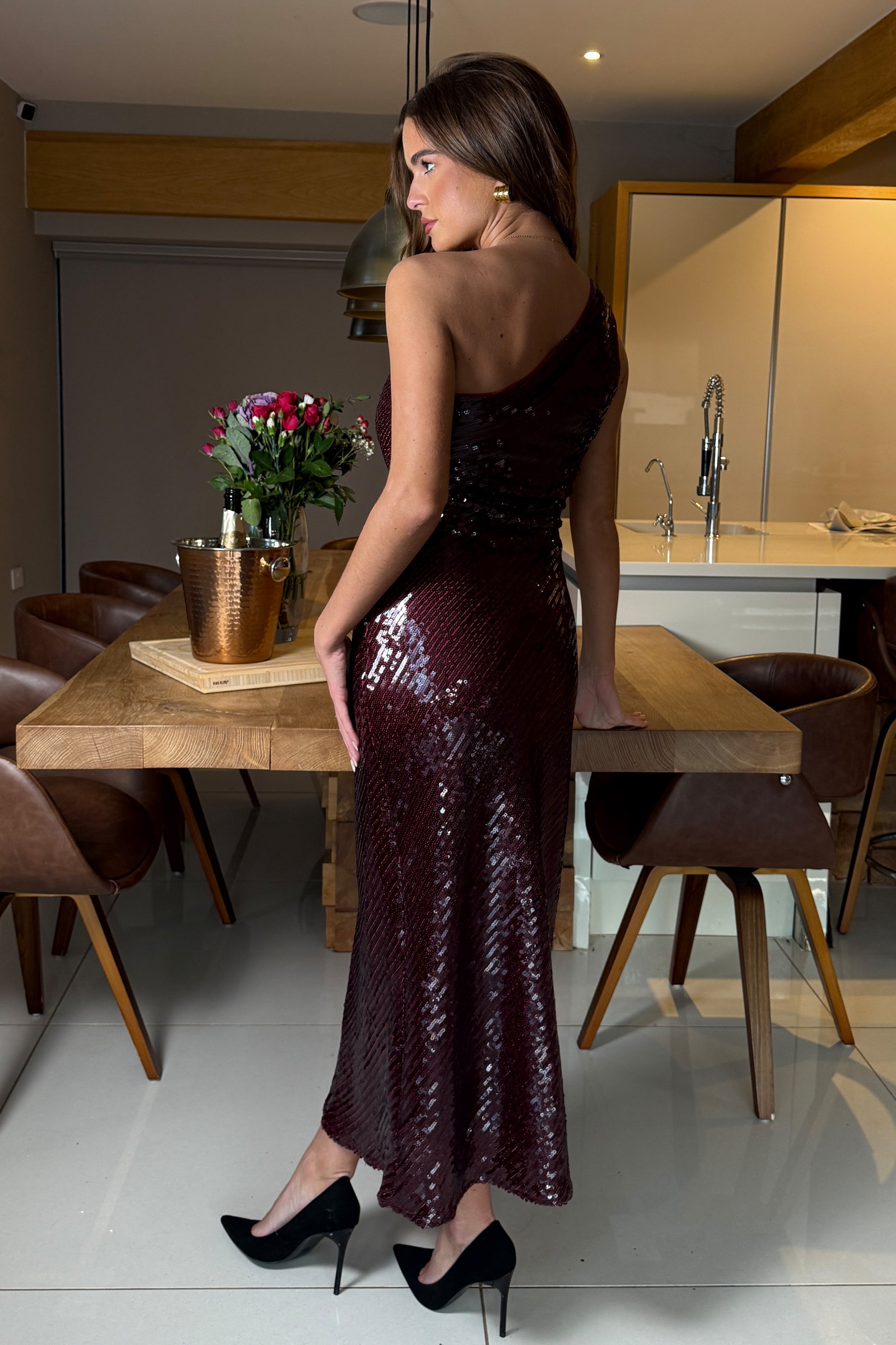 Ramona Wine Sequin One Shoulder Maxi Dress