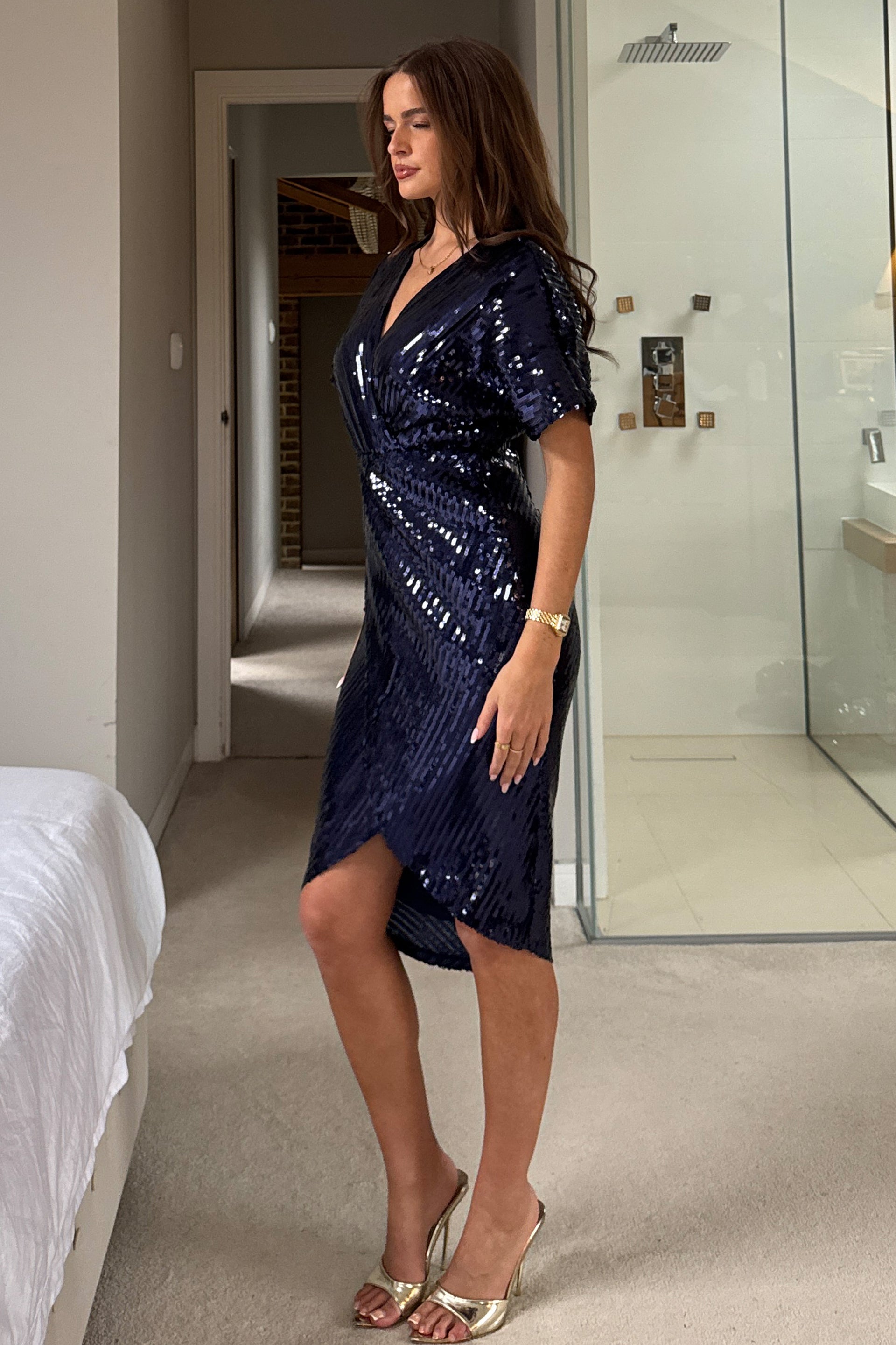 Novah Navy Sequin Wrap Detailing Midi Dress