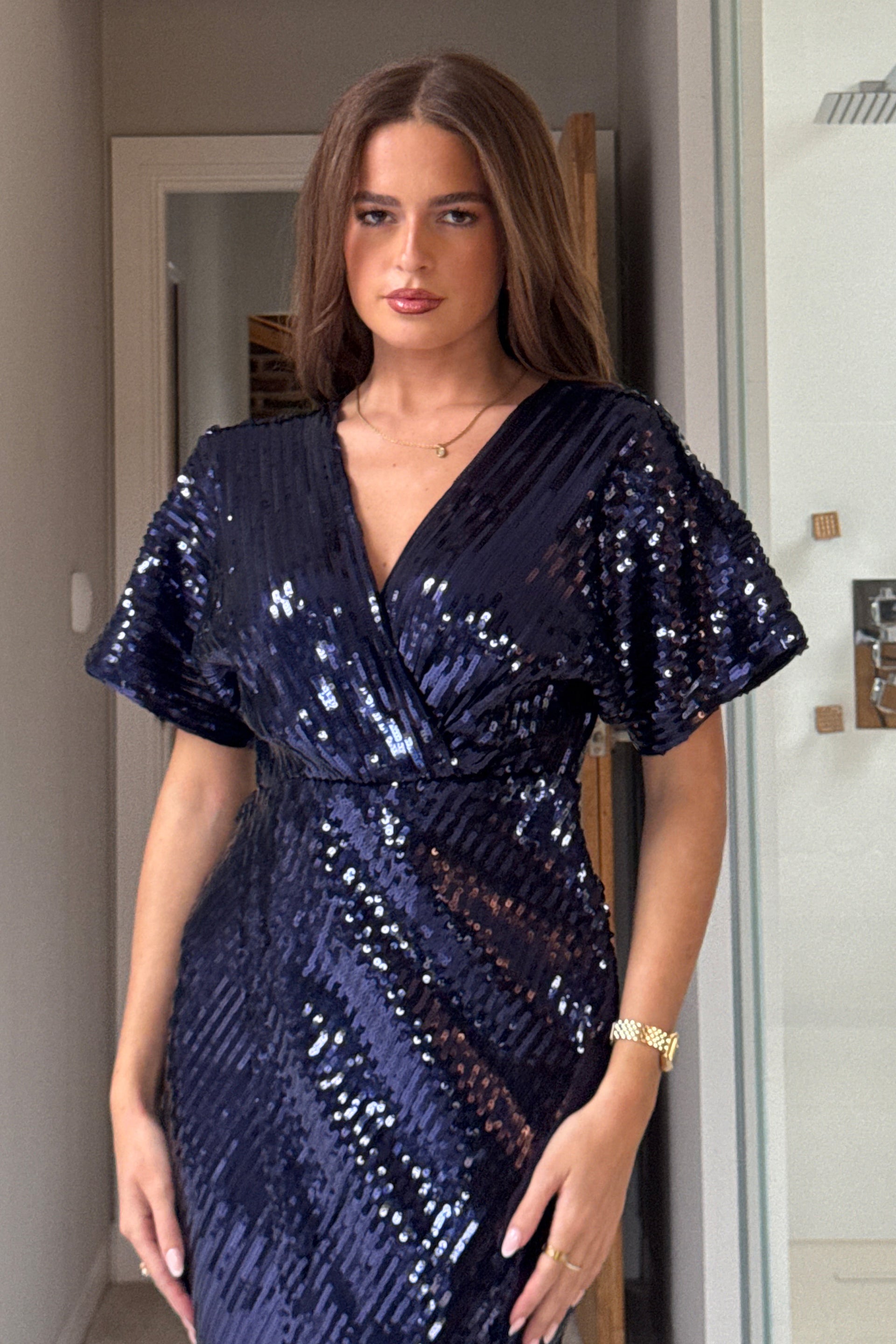 Novah Navy Sequin Wrap Detailing Midi Dress