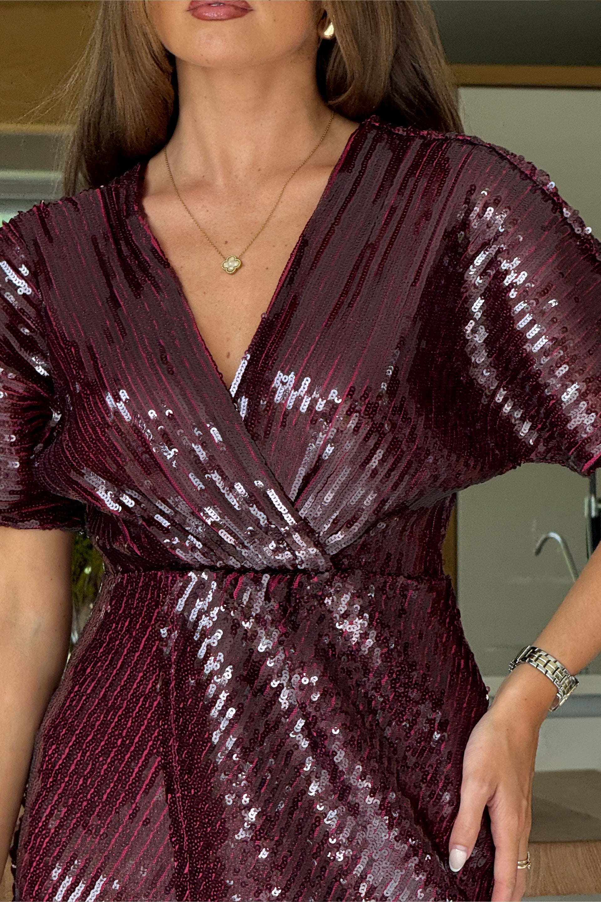 Novah Wine Sequin Wrap Detailing Midi Dress