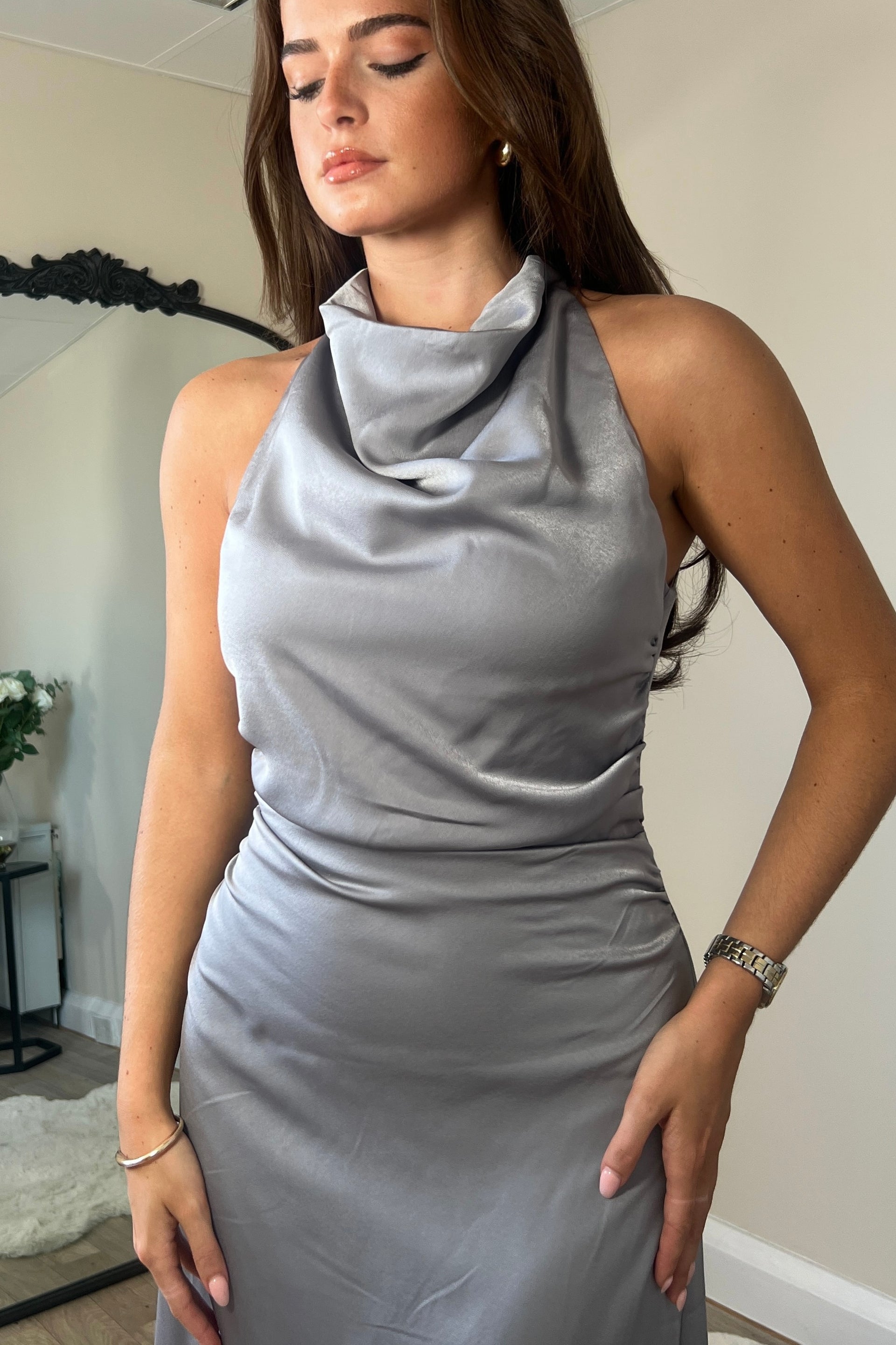 Kaz Cowl Neck Grey Midi Dress