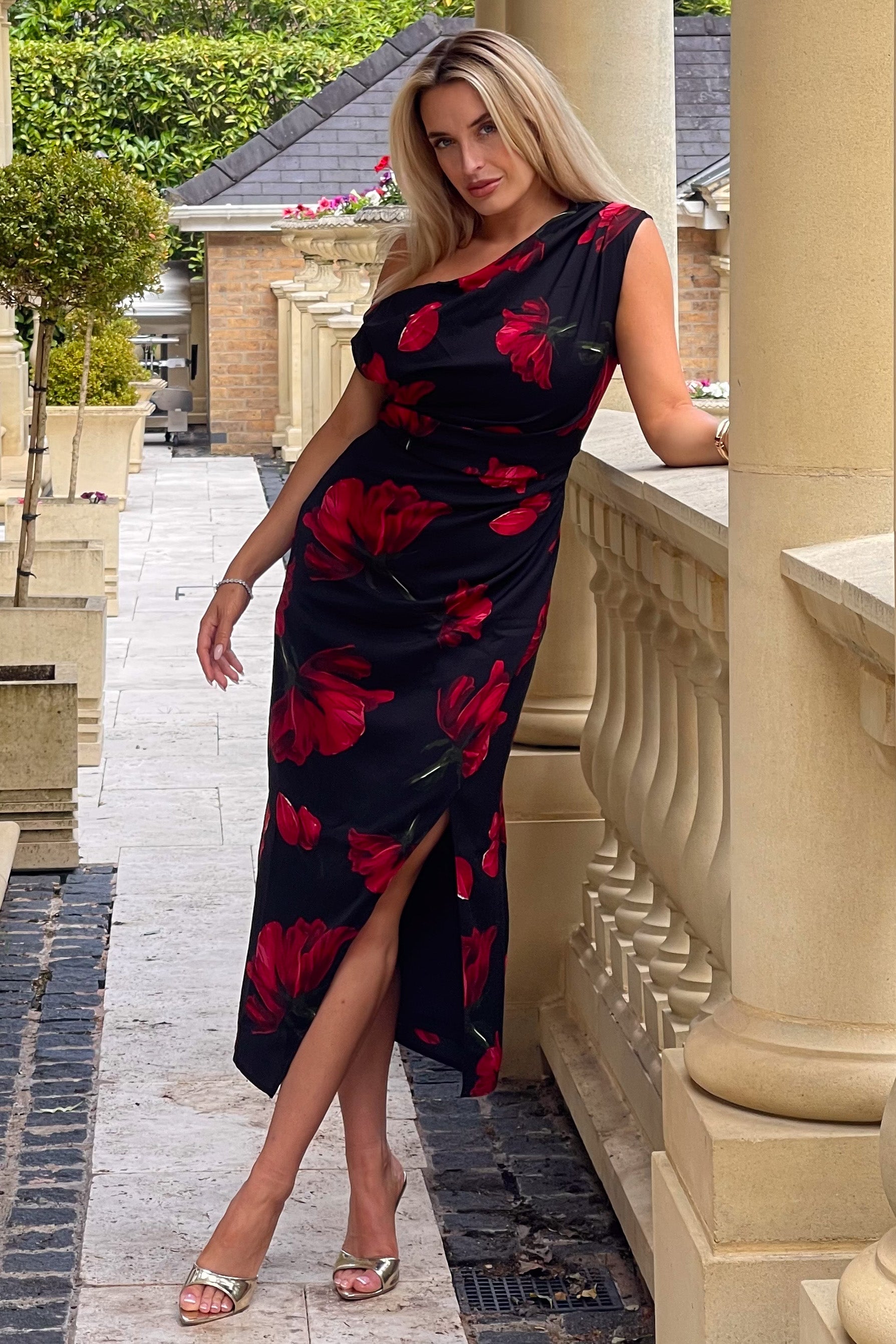 Ariana Asymmetric Red Floral Midi Dress