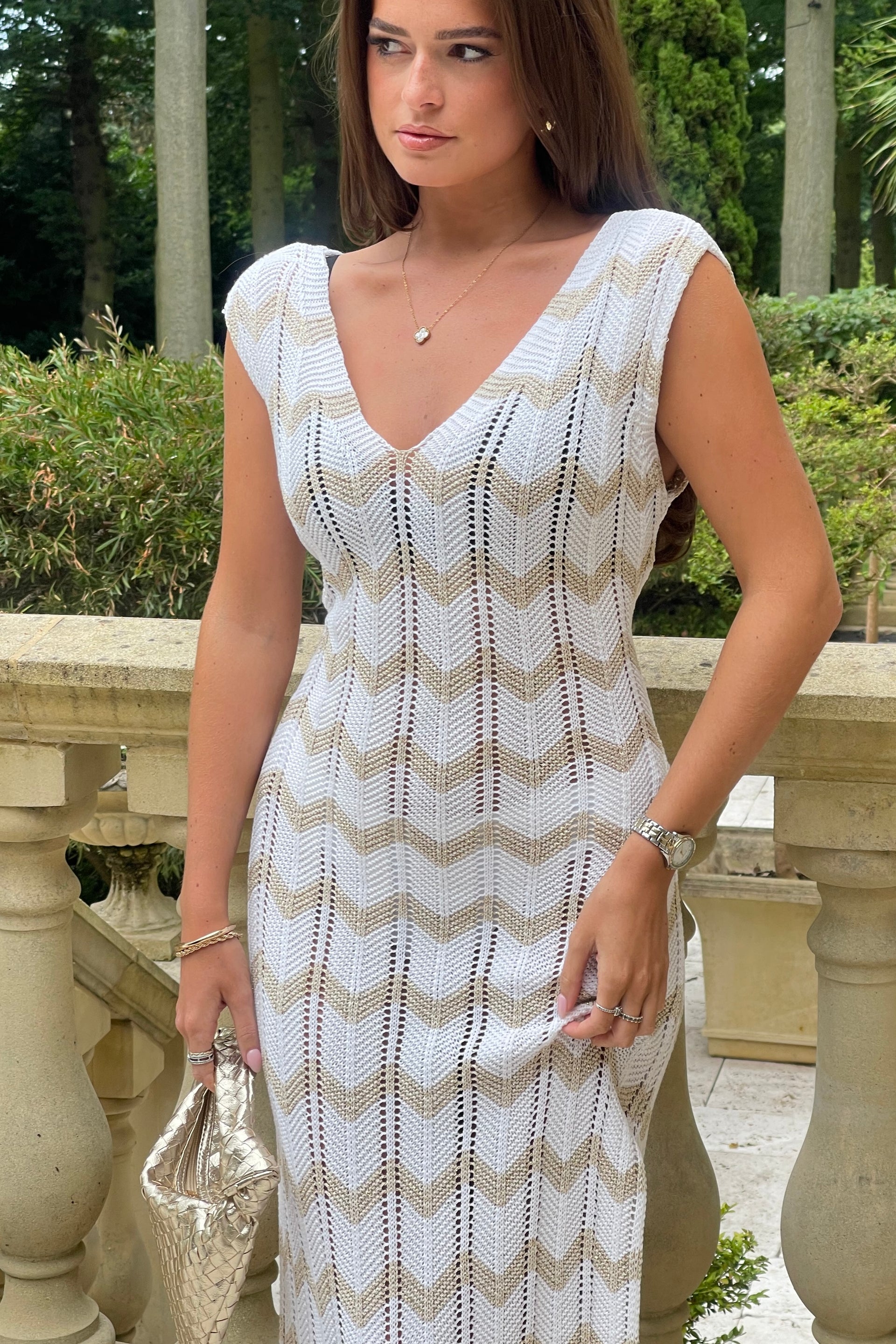 Perla Gold Crochet Chevron V Neck Maxi Dress