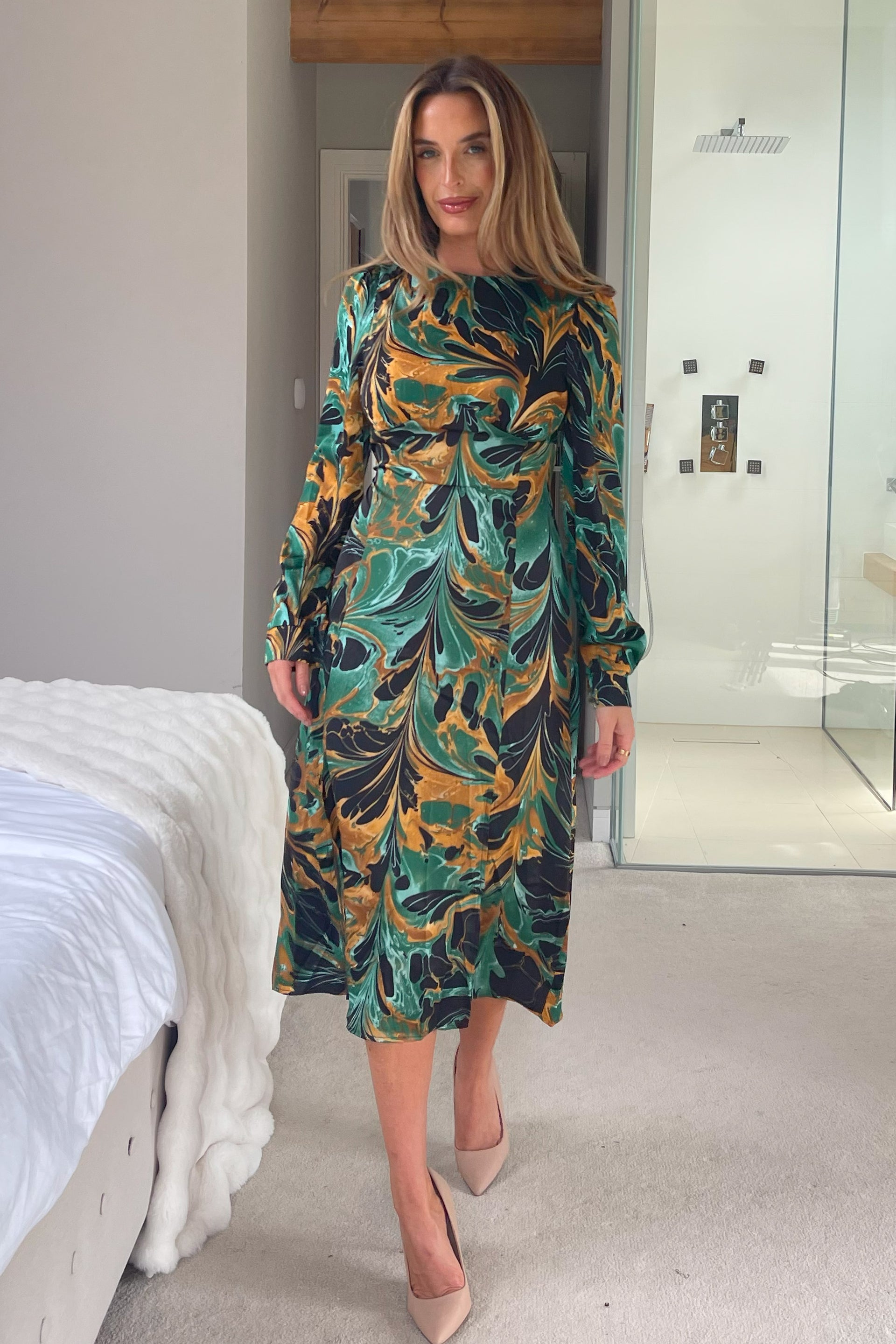 Cass Green Print Long Sleeve Midi Dress