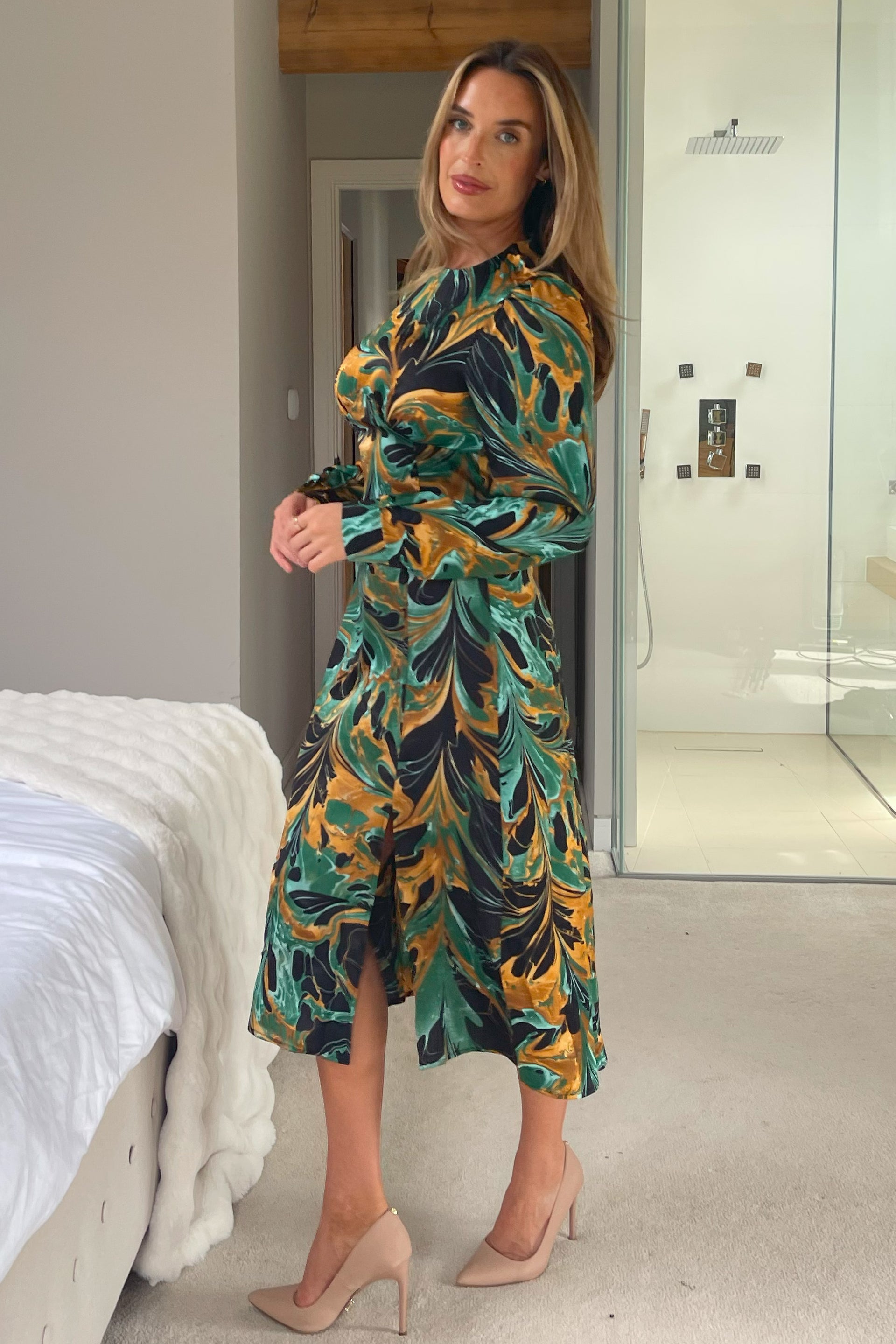 Cass Green Print Long Sleeve Midi Dress