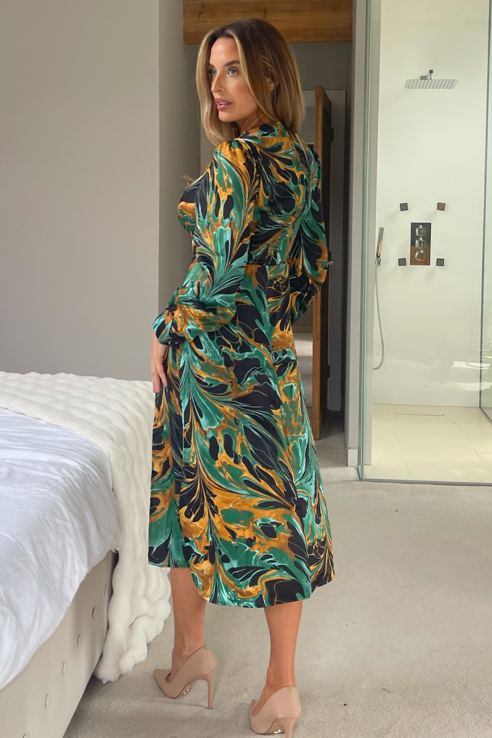 Cass Green Print Long Sleeve Midi Dress