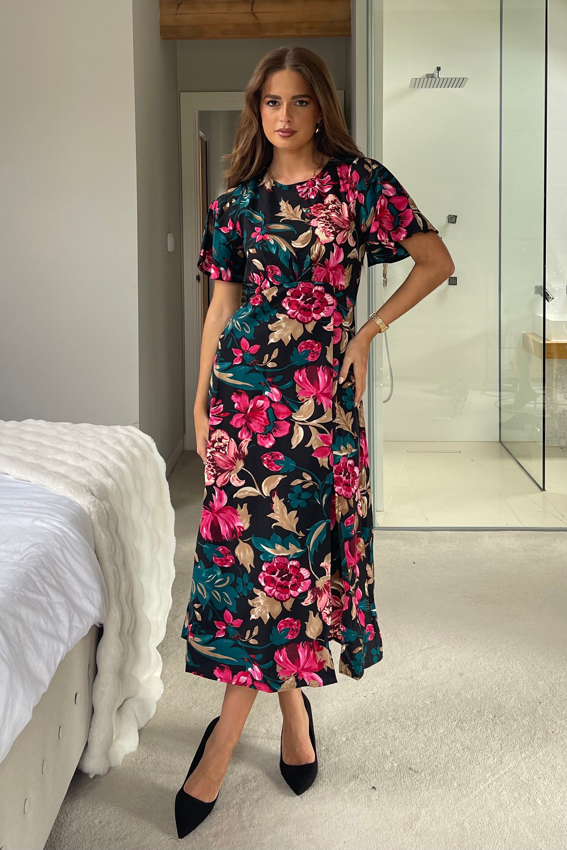 Britney Pink & Black Floral Angel Sleeve Midi Dress