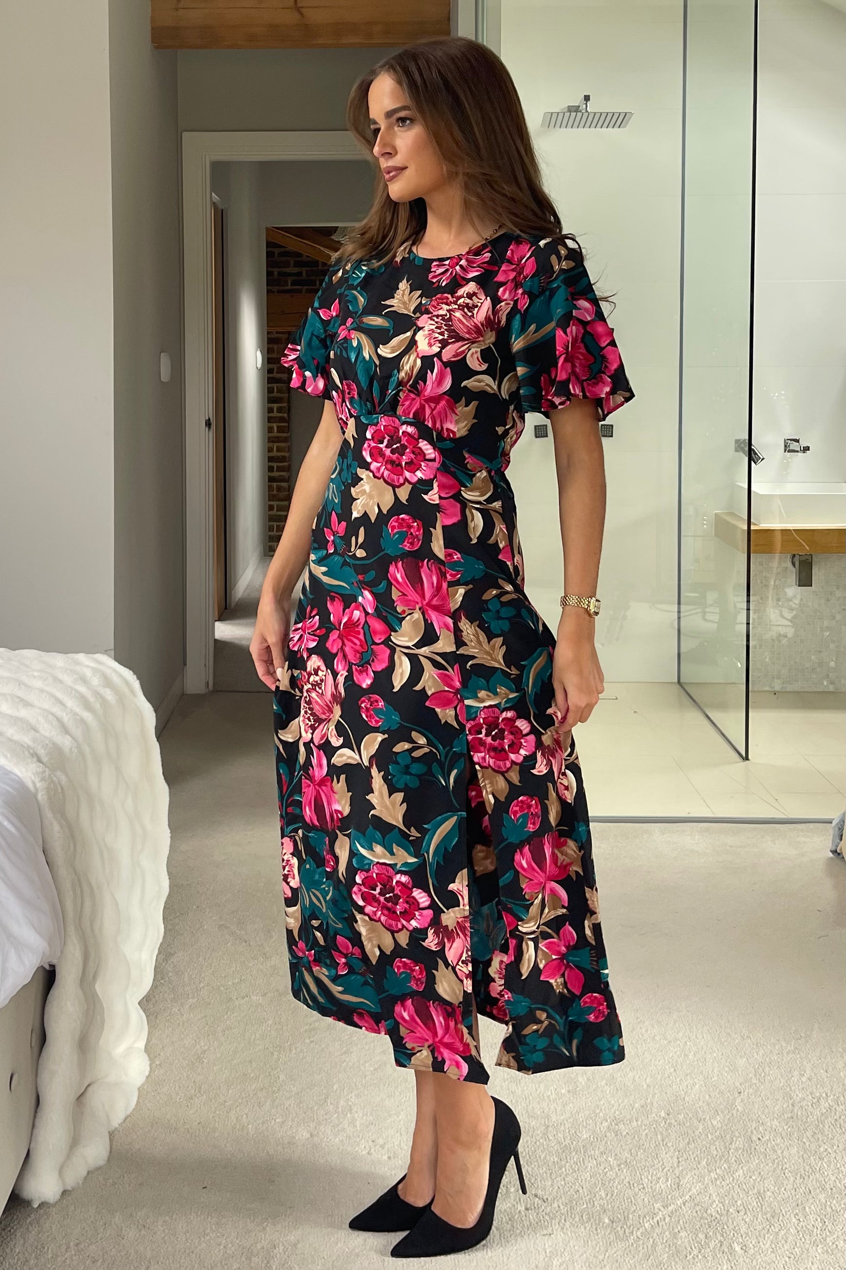 Britney Pink & Black Floral Angel Sleeve Midi Dress