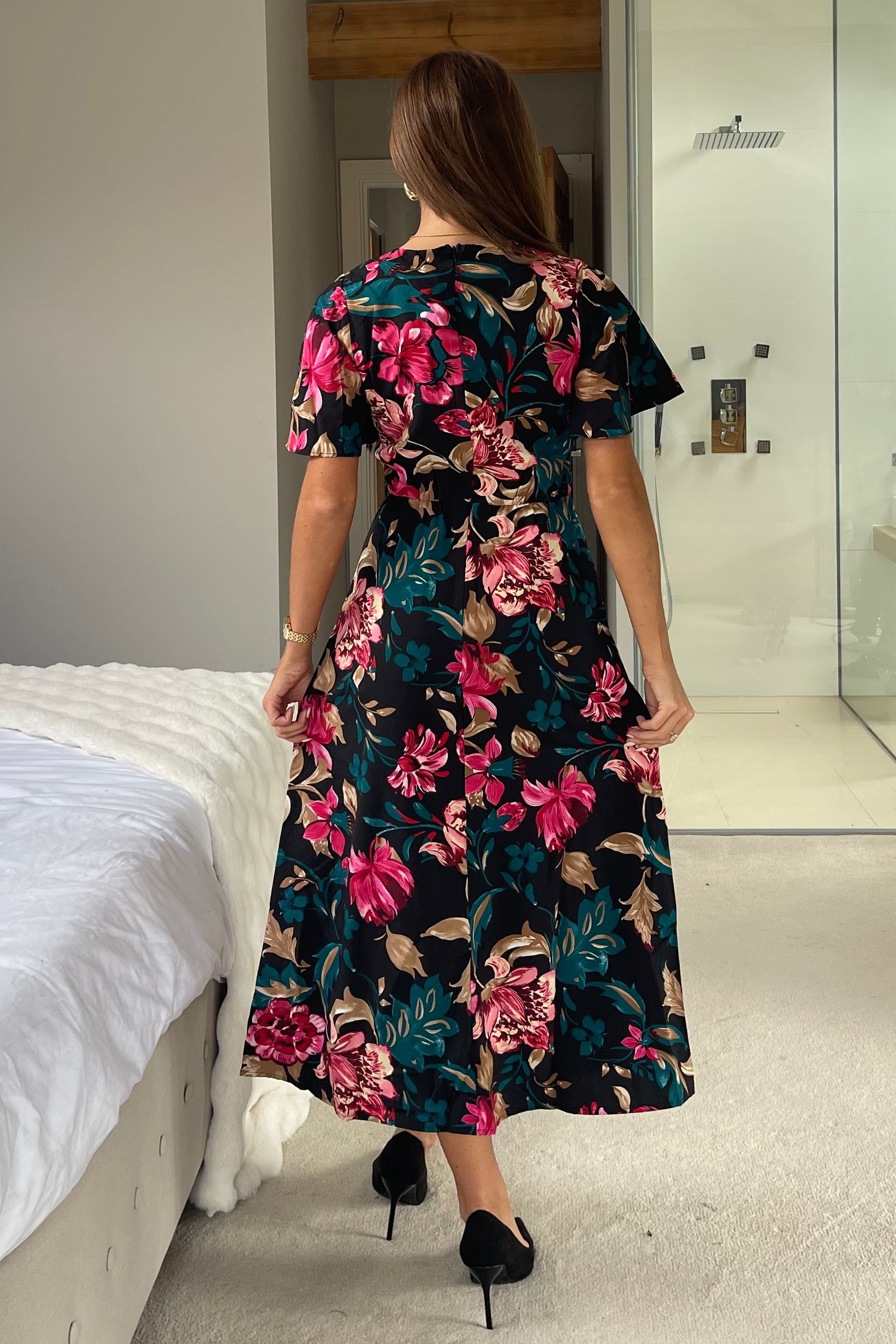 Britney Pink & Black Floral Angel Sleeve Midi Dress