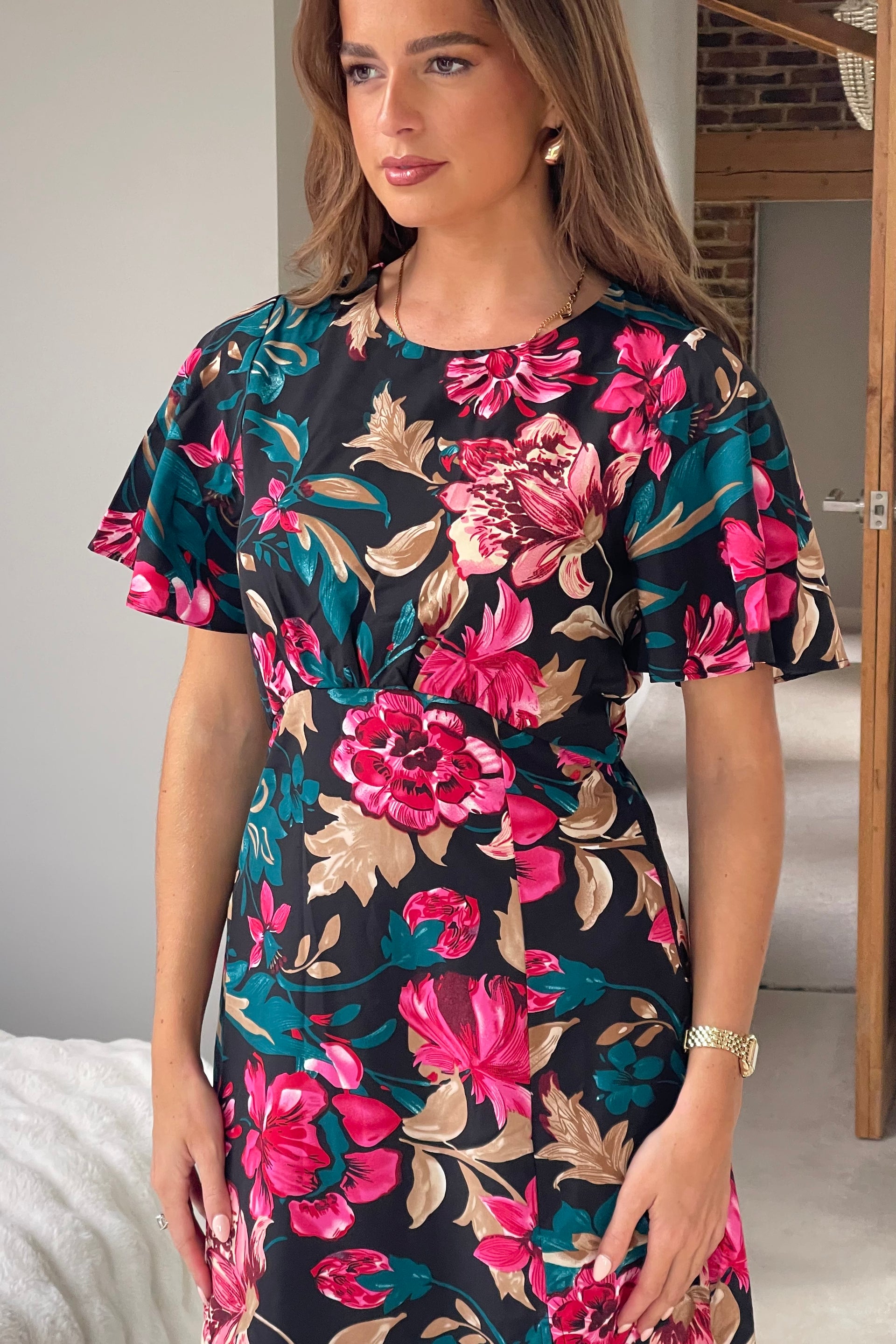 Britney Pink & Black Floral Angel Sleeve Midi Dress