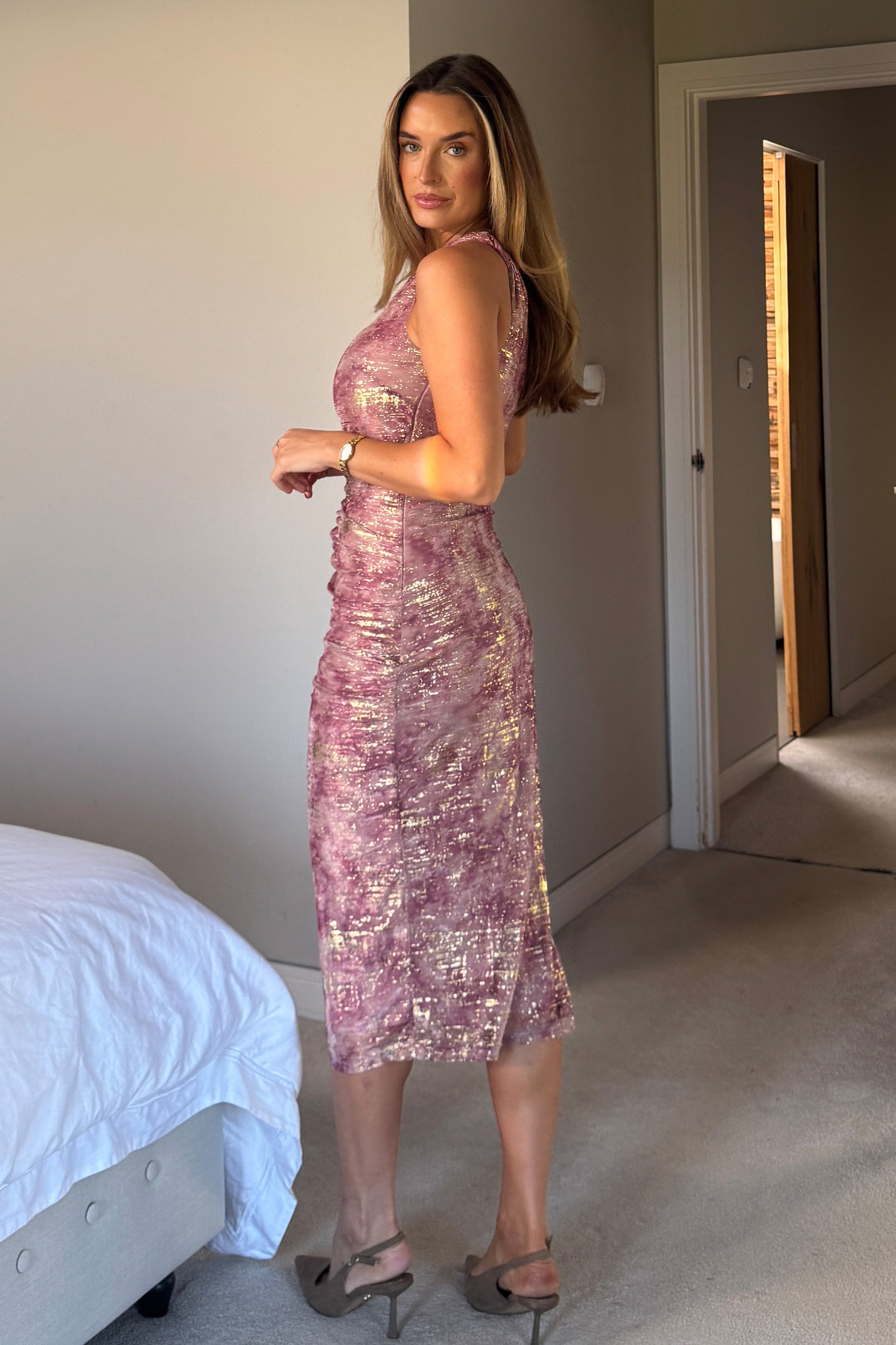 pink foil dress Karen Millen Foil Metallic Figure Form Bandage Angel Sleeve Knit Maxi Dress in Hot Pink