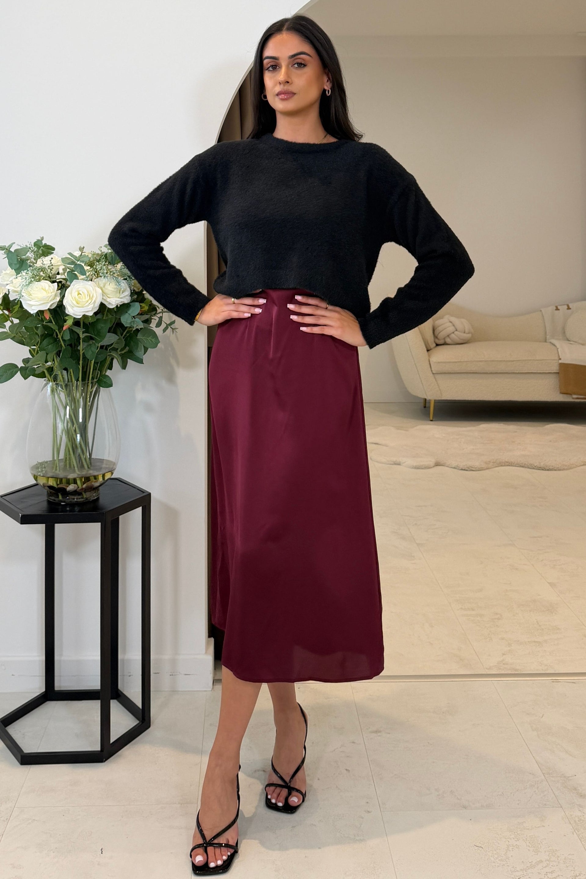 Ayesha Jumper And Satin Slip Dress Set Wine