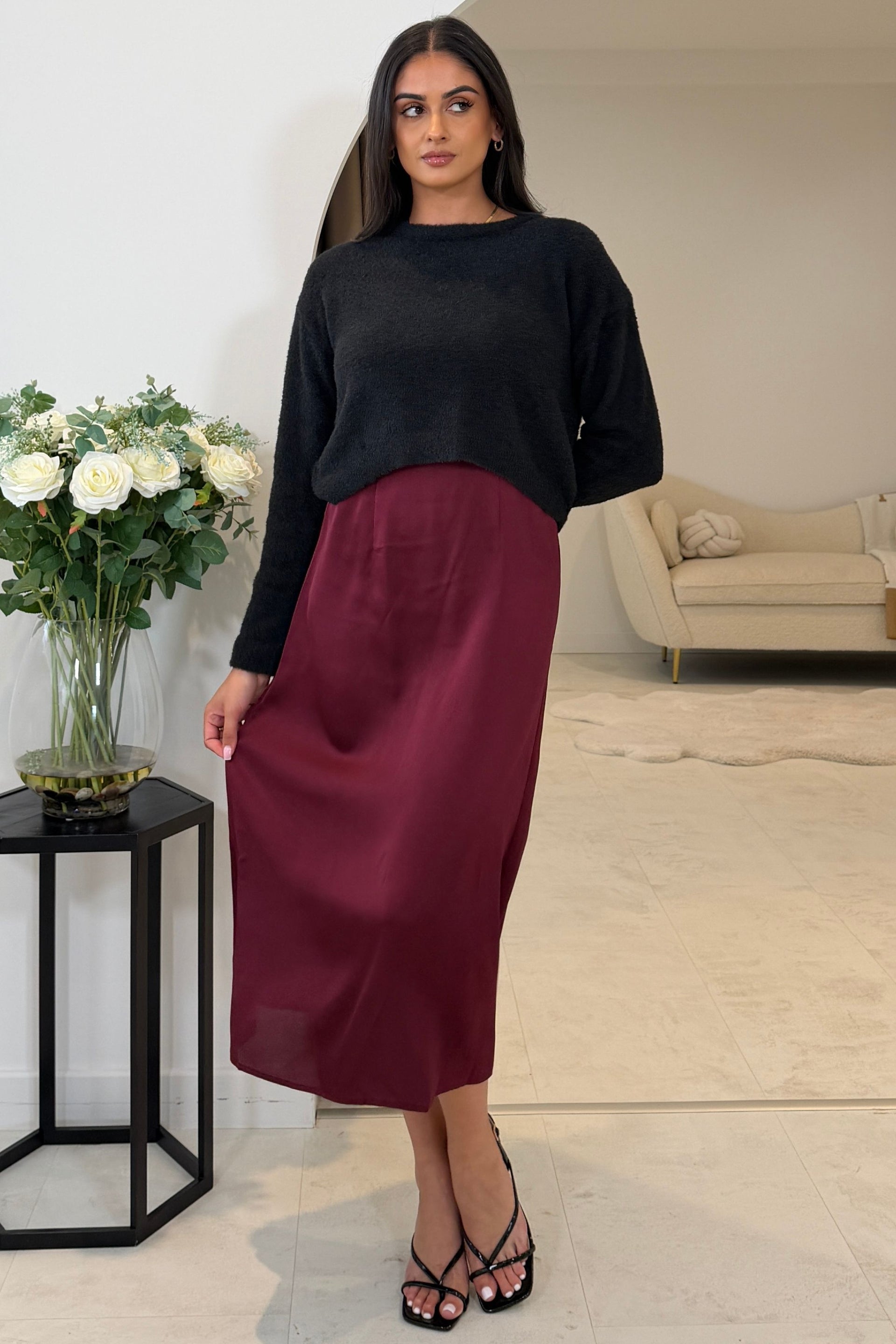 Ayesha Jumper And Satin Slip Dress Set Wine