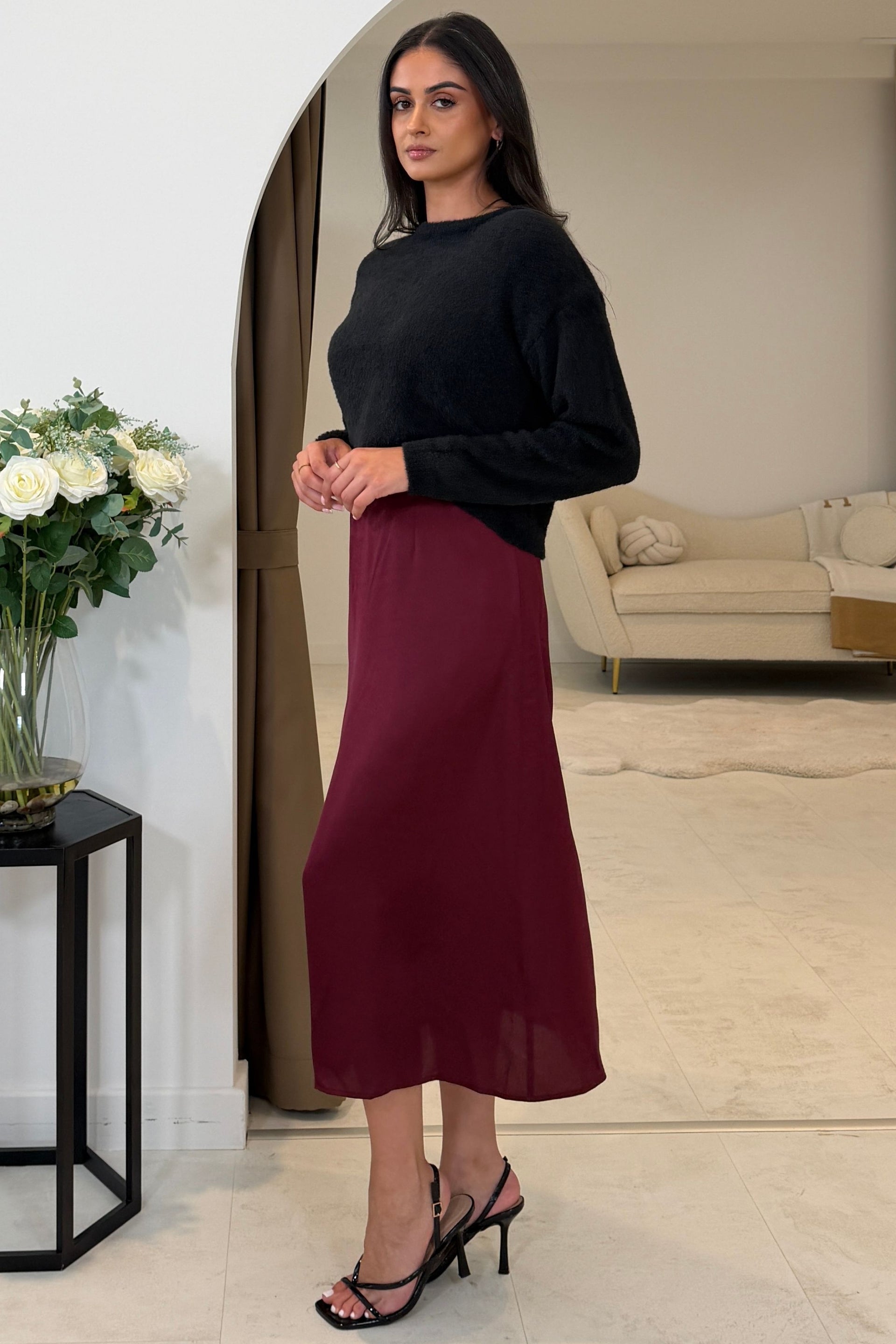 Ayesha Jumper And Satin Slip Dress Set Wine