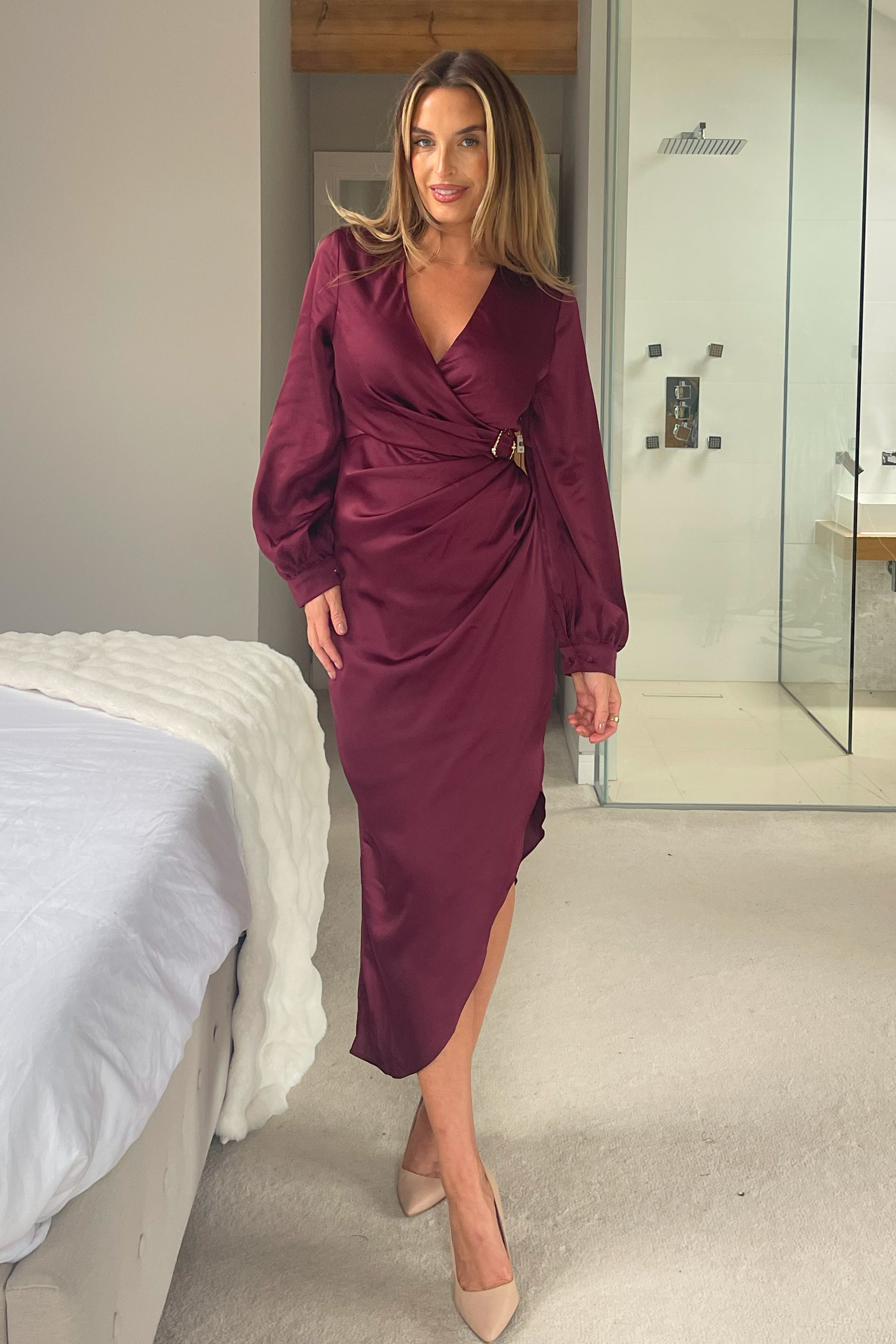 Elsa Gold Buckle Long Sleeve Wrap Asymmetric Midi Dress In Wine