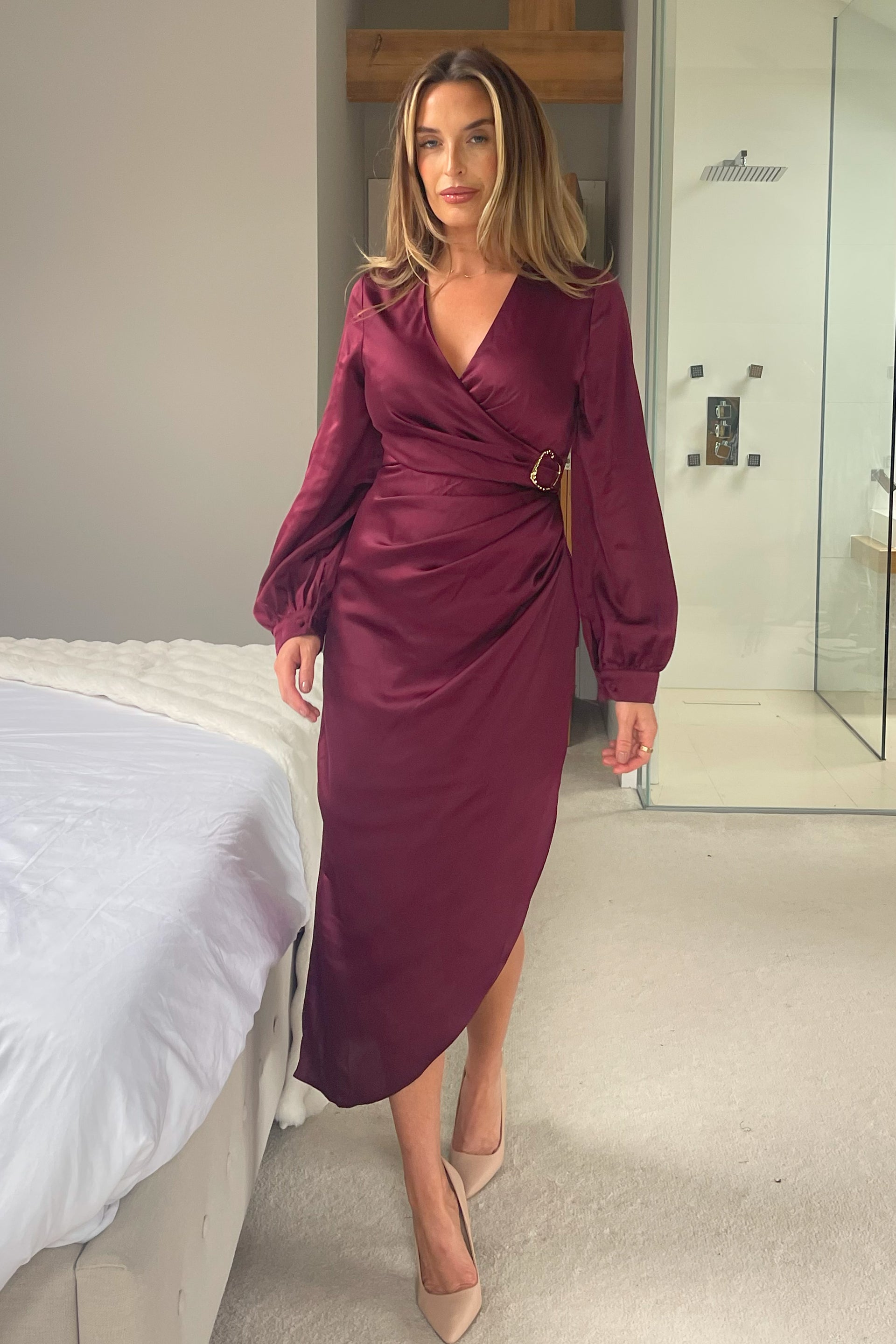 Elsa Gold Buckle Long Sleeve Wrap Asymmetric Midi Dress In Wine