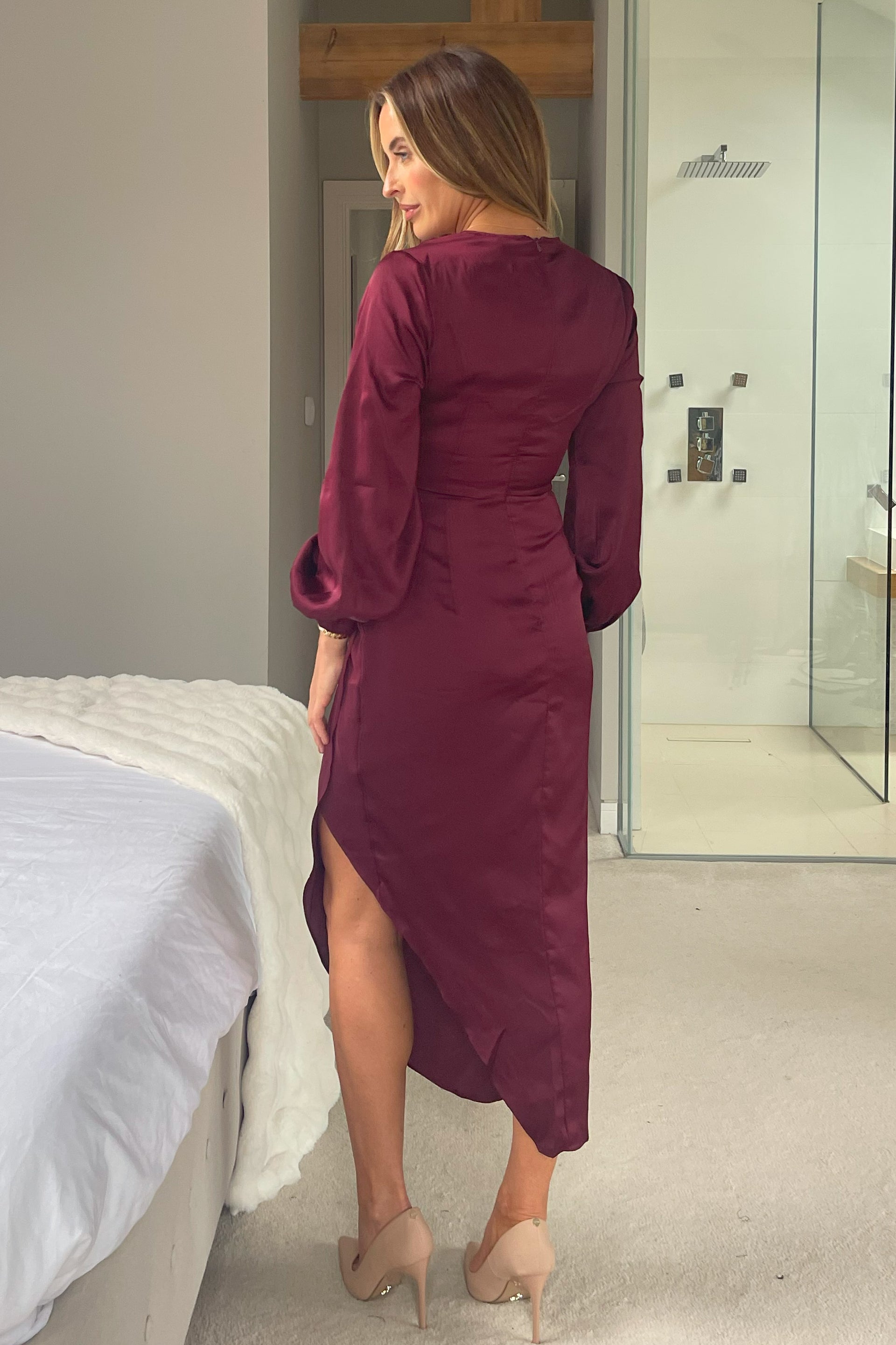 Elsa Gold Buckle Long Sleeve Wrap Asymmetric Midi Dress In Wine