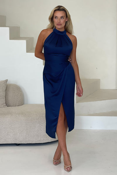 desirable dream navy blue satin jacquard halter neck midi dress Alessia Navy Halternect Midi Dress – Girl In Mind