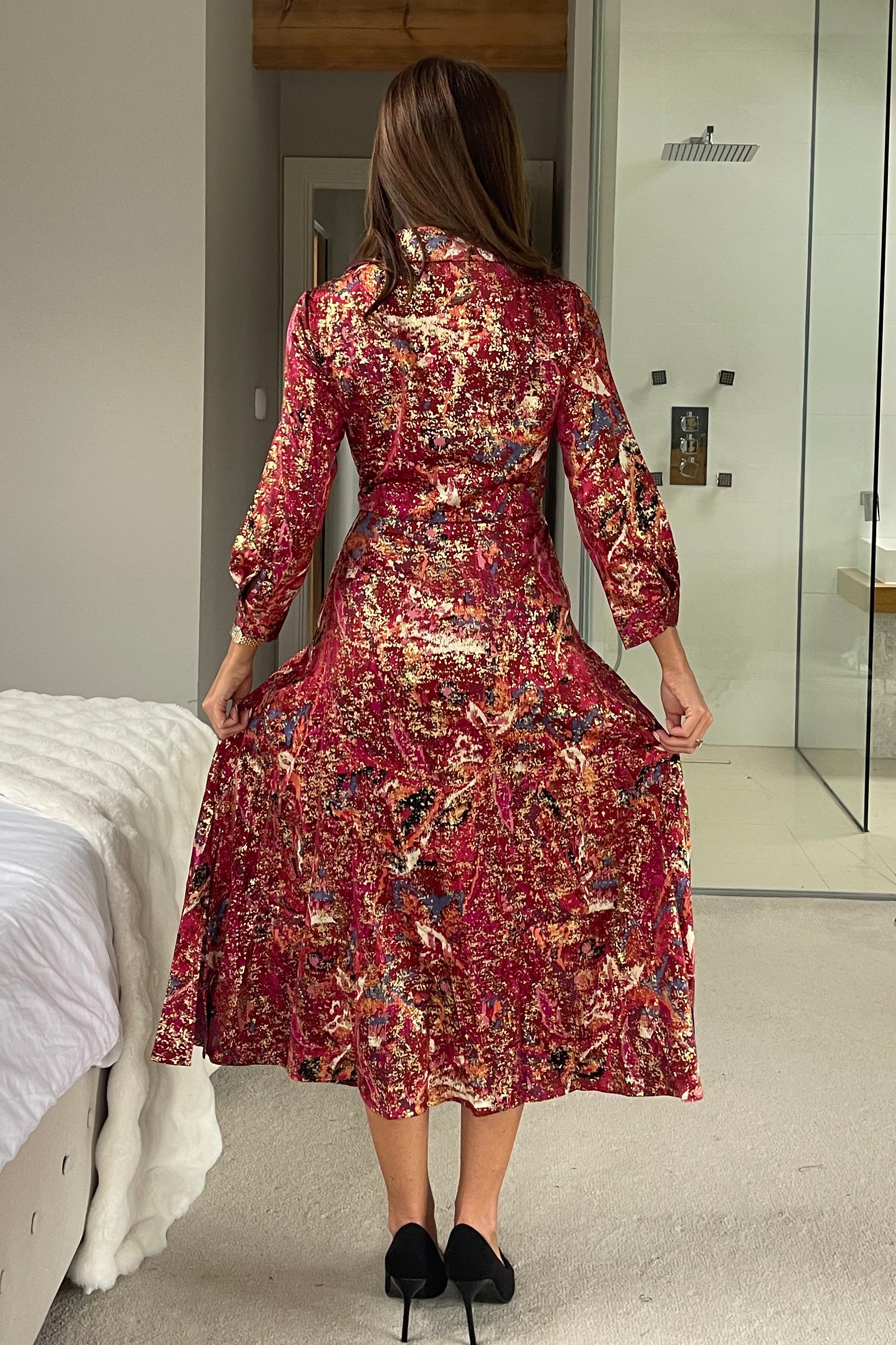 Isabella Foiled Print Tie Front Midi Dress Pink Girl In Mind Isabella Foiled Print Tie Front Midi Dress Pink Girl In Mind