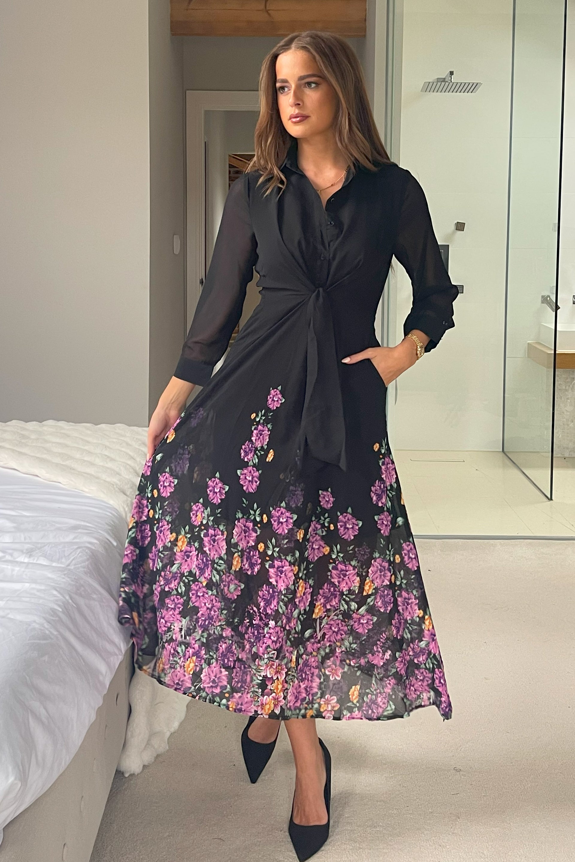 Isabella Purple Floral Boarder Tie Front Shirt Dress