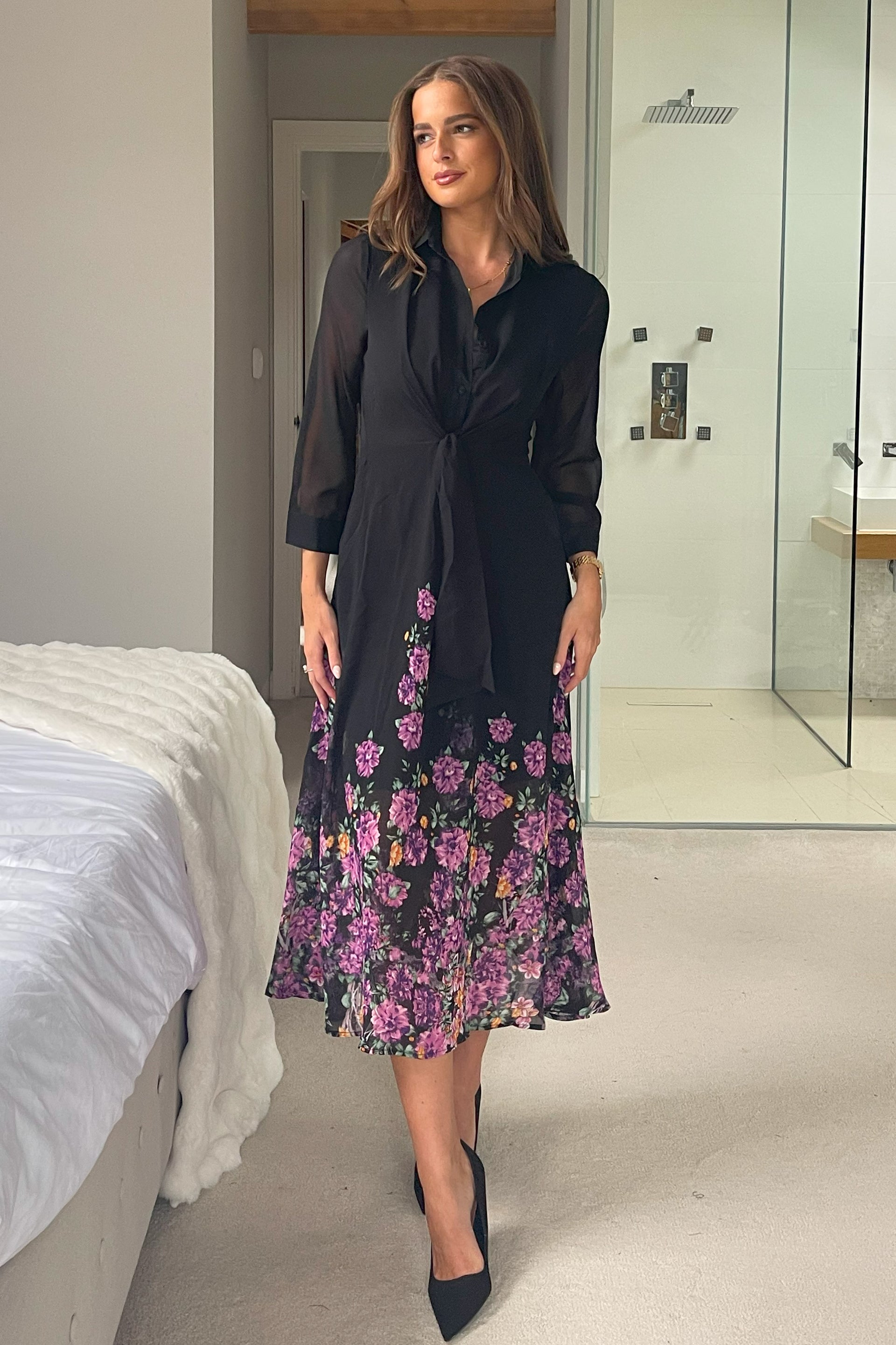 Isabella Purple Floral Boarder Tie Front Shirt Dress