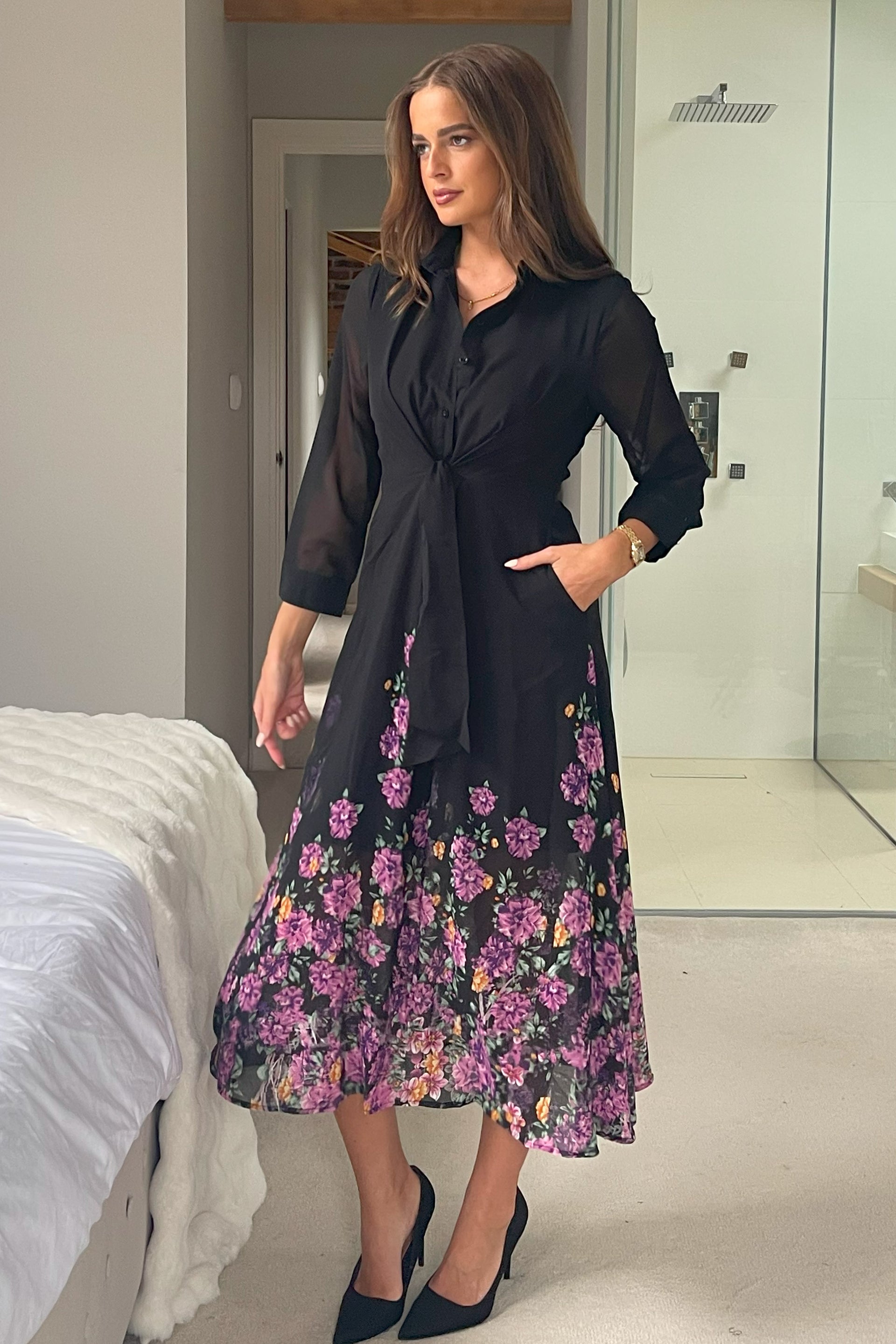 Isabella Purple Floral Boarder Tie Front Shirt Dress