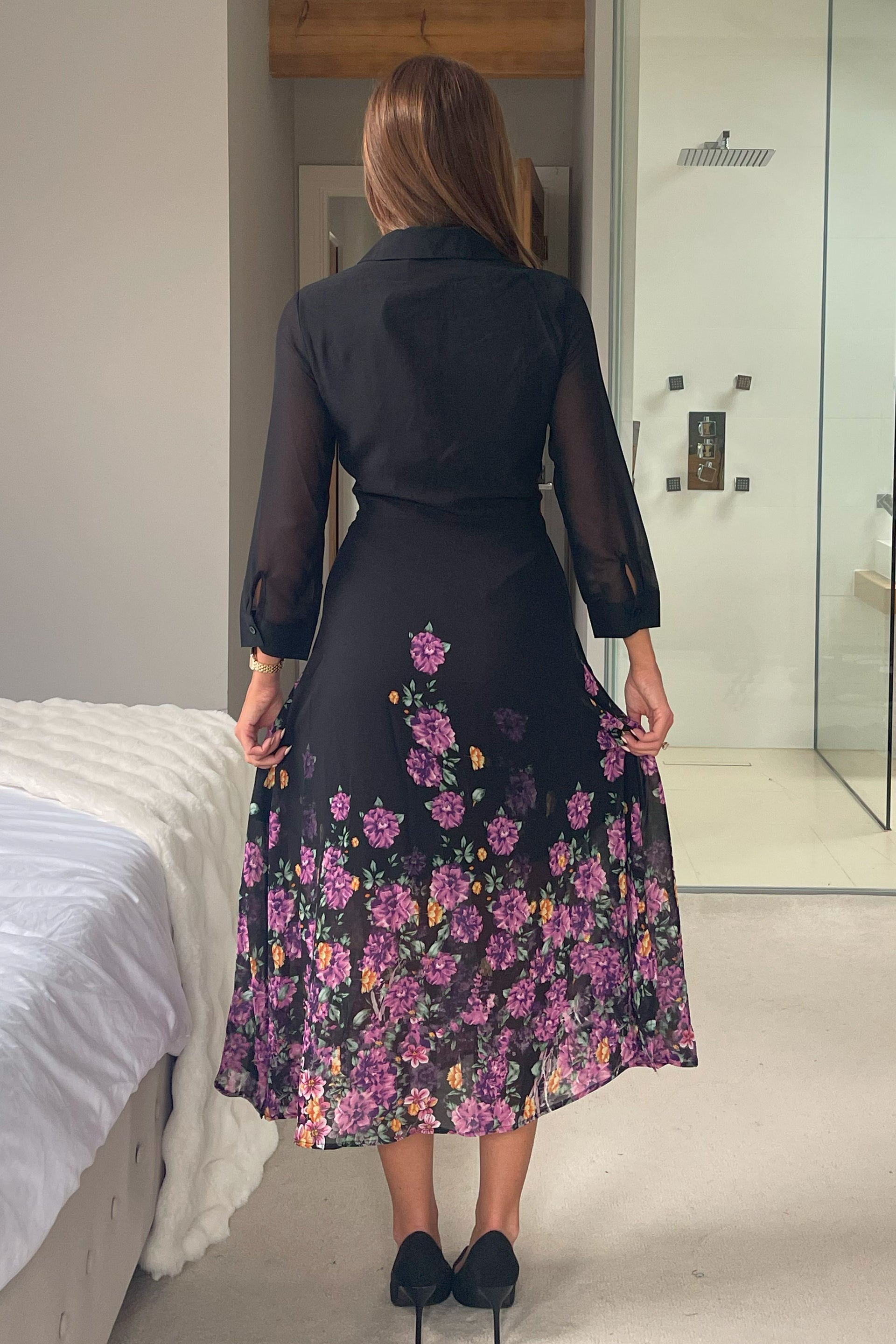 Isabella Purple Floral Boarder Tie Front Shirt Dress